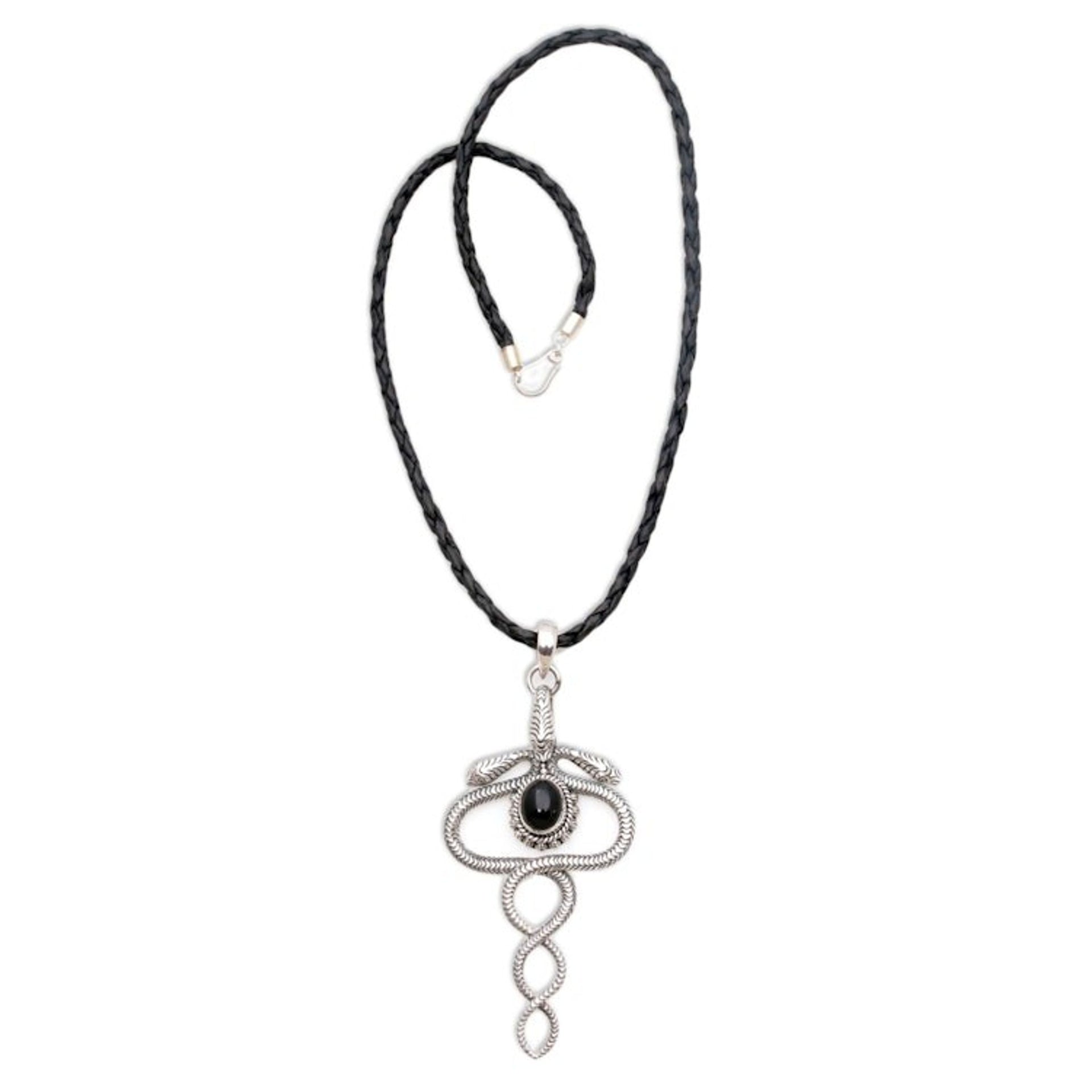 Sterling Silver and Onyx Snake Necklace from Indonesia 'Twin Serpents'