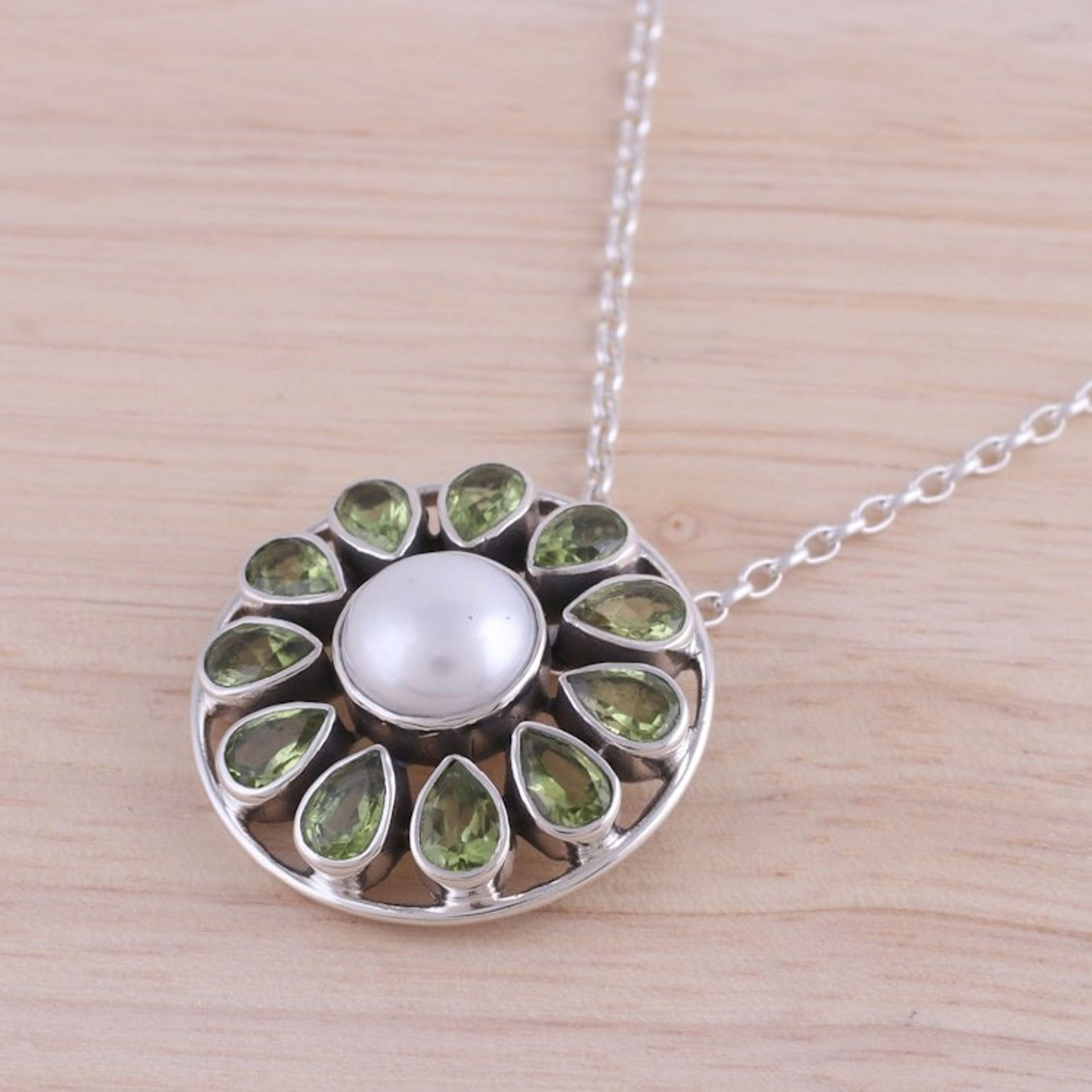 Peridot and Cultured Pearl Sterling Silver Pendant Necklace 'Peridot Petals'