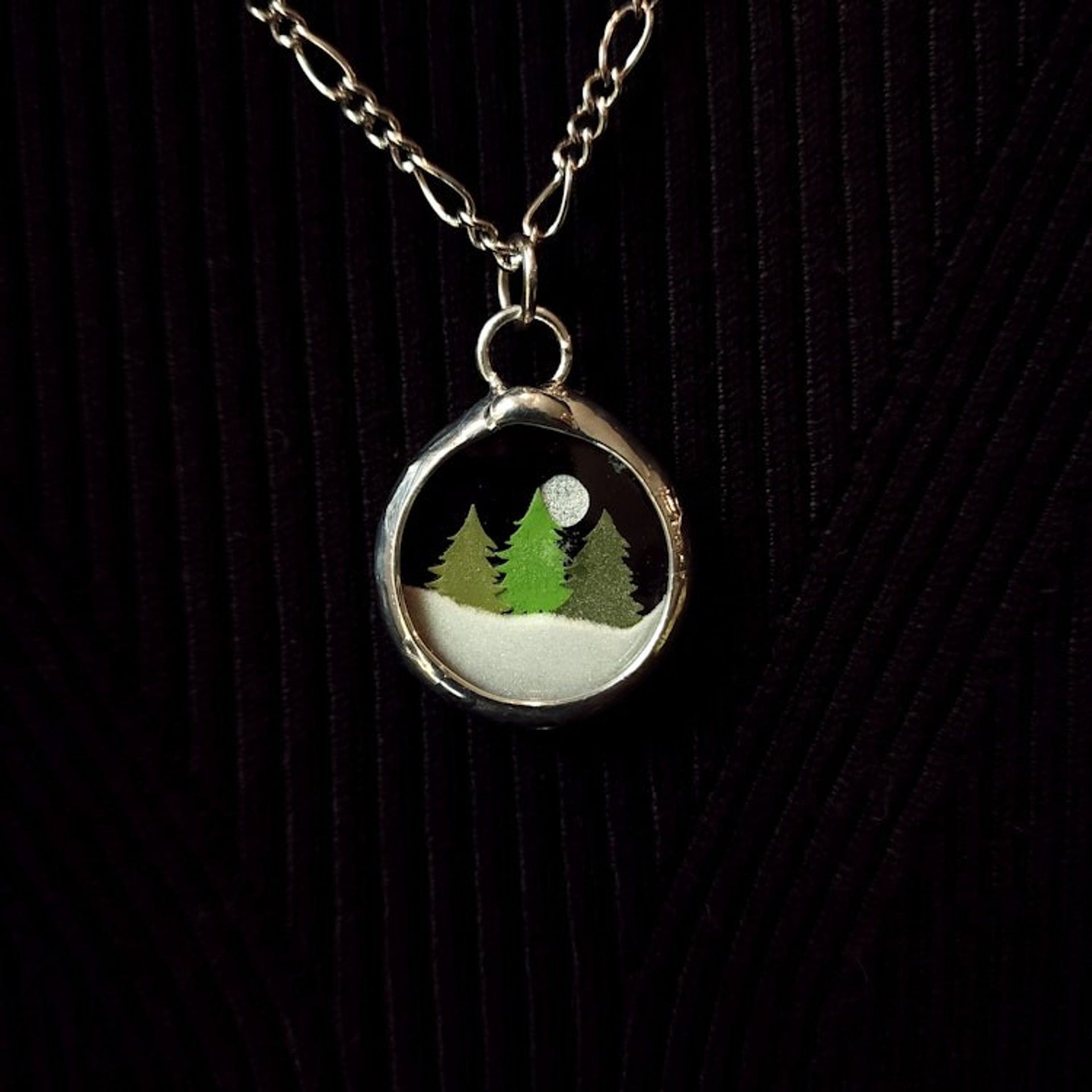 Winter Forest Snow Globe Glass Pendant, Fidget Shaker Necklace