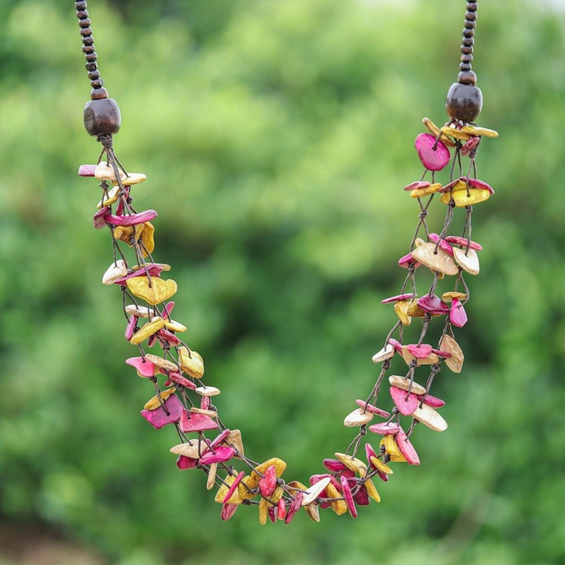 Hand-Painted Fuchsia and Yellow Beaded Three-Strand Necklace 'Fragments of Sweetness'