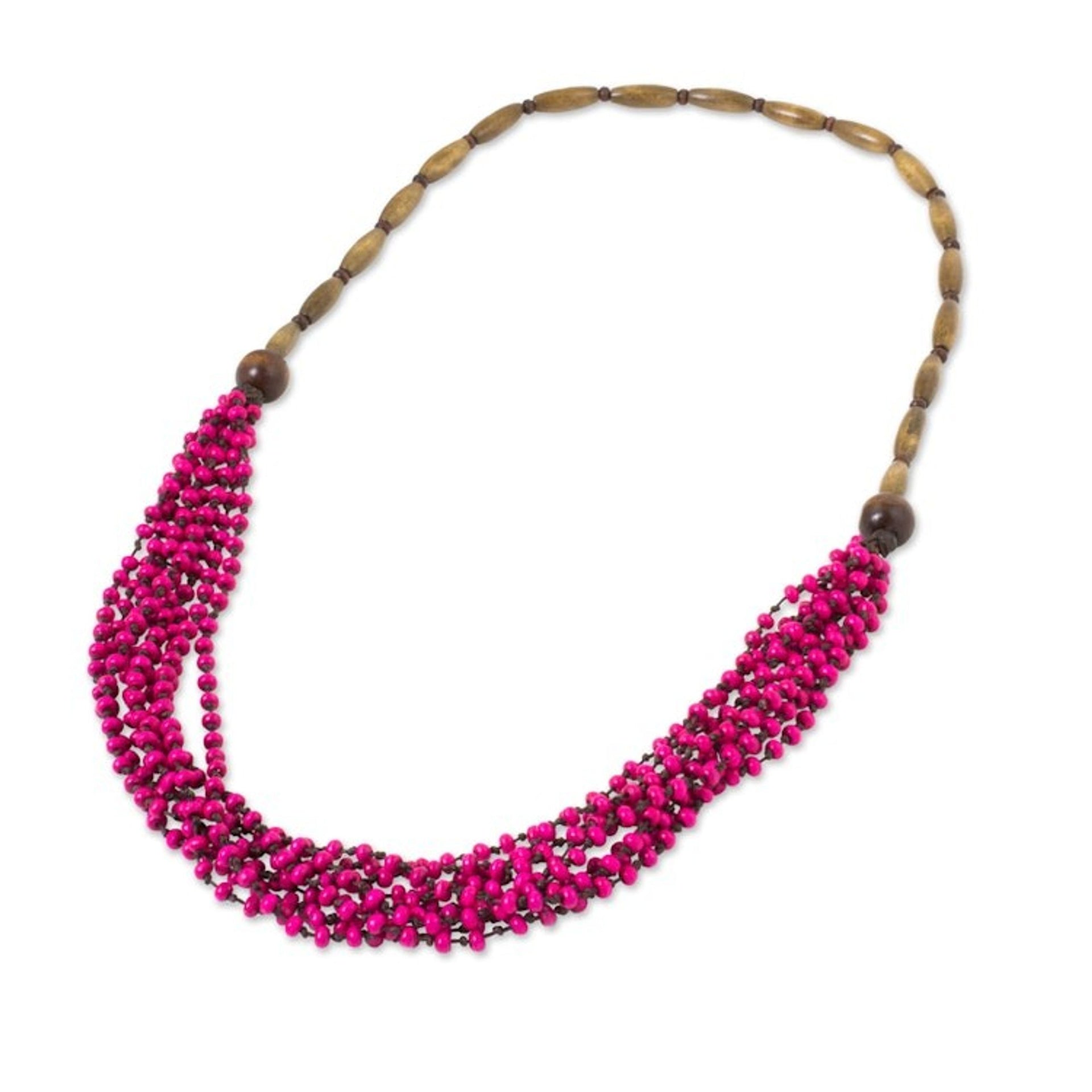 Hot Pink Wood Beaded Necklaced Handcrafted in Thailand 'Pink Muse'