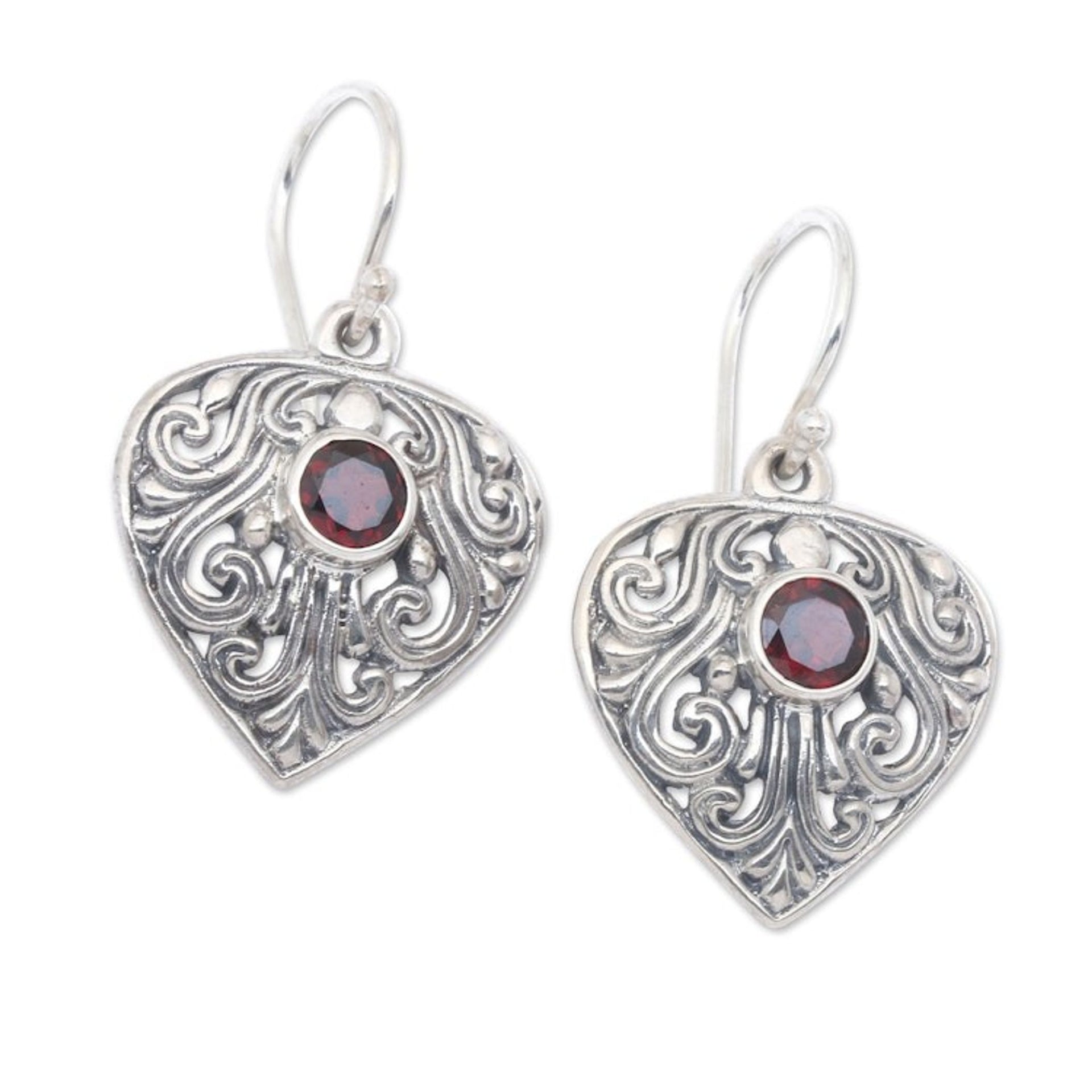 Handmade Sterling Silver and Garnet Dangle Earrings 'Crest of Vines'