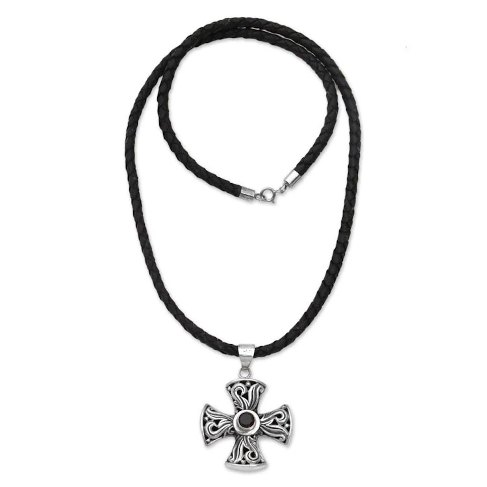 Men's Sterling Silver and Garnet Cross Necklace 'Fire of Faith'