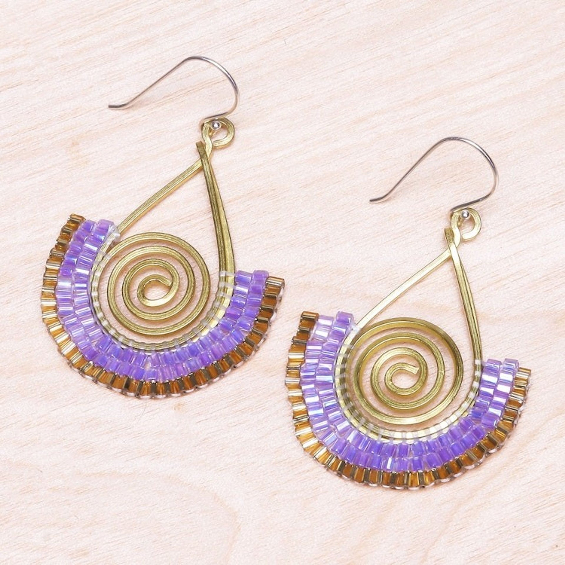 Lavender and Gold Glass Bead Spiral Dangle Earrings 'Spiral Fan in Lavender'
