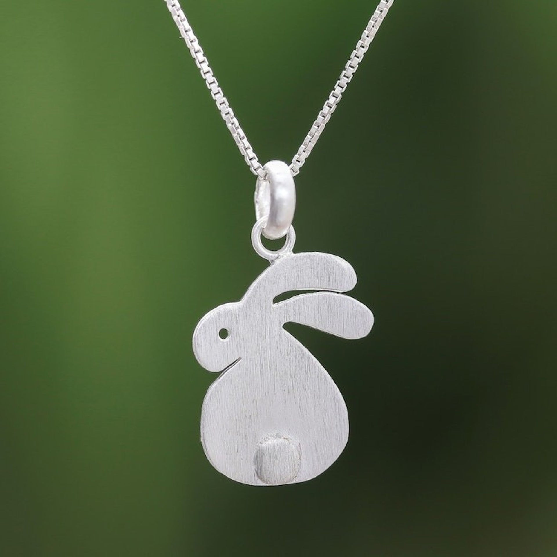 Brushed-Satin Sterling Silver Rabbit Pendant Necklace 'Fluffy Rabbit'