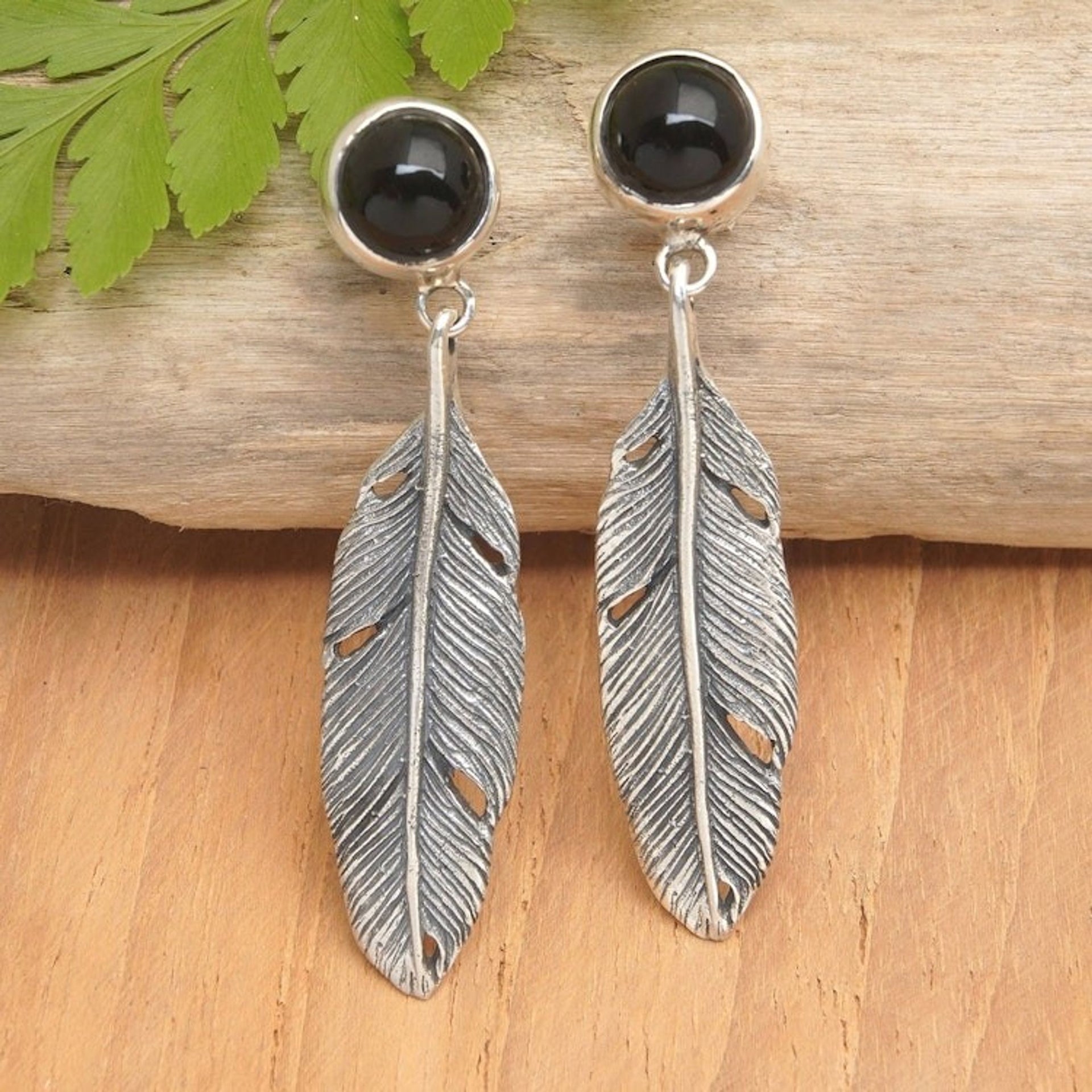Feather-Themed Dangle Earrings with Onyx Cabochons 'Blessed Feathers'