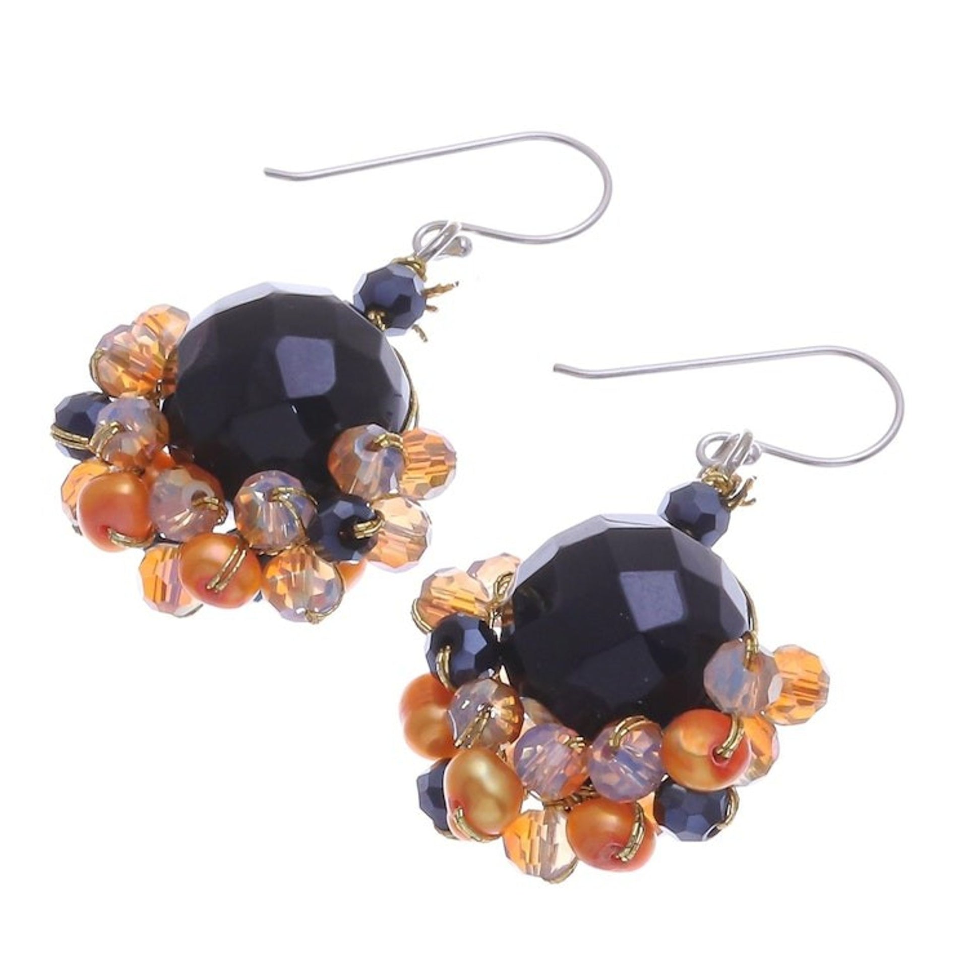Black Onyx and Orange Freshwater Pearl Dangle Earrings 'Vivid Dream in Orange'