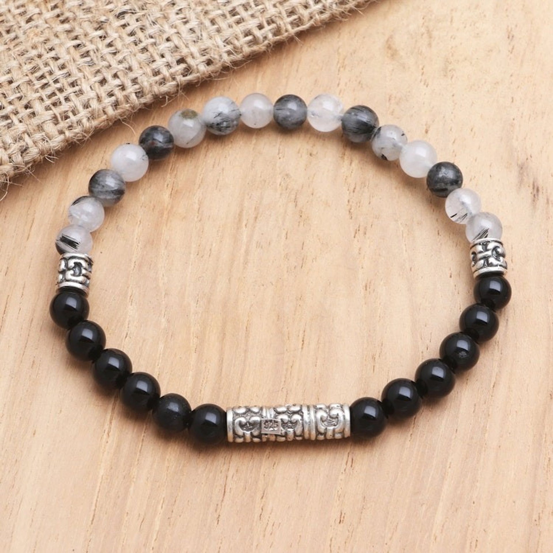 Artisan Crafted Onyx and Quartz Beaded Bracelet 'Smoky Skies'