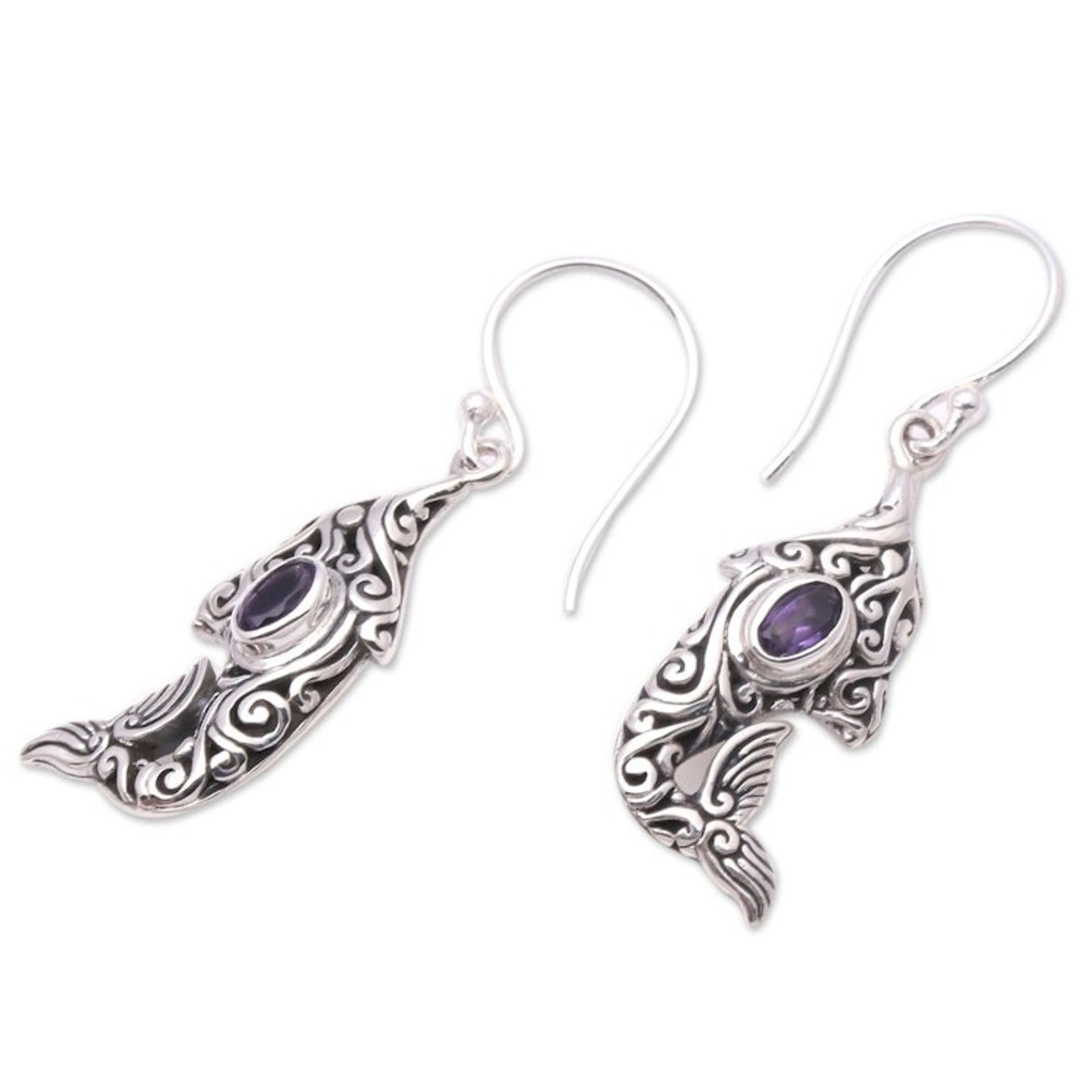 Amethyst and Sterling Silver Balinese Dolphin Earrings 'Purple Dolphin'