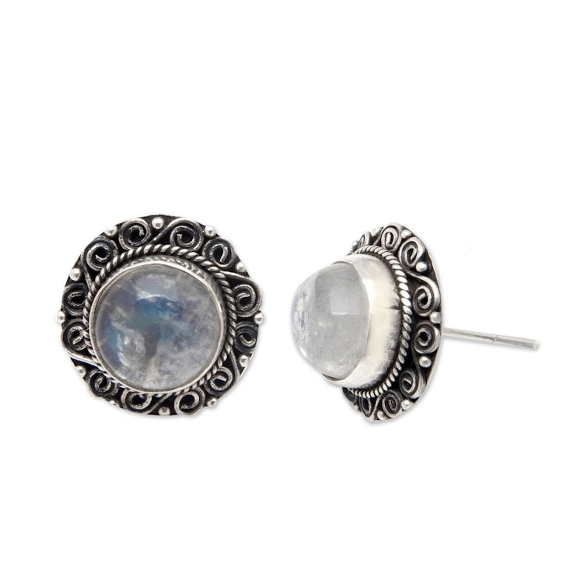 Balinese Floral Natural Rainbow Moonstone Button Earrings 'Harmonious Balinese'