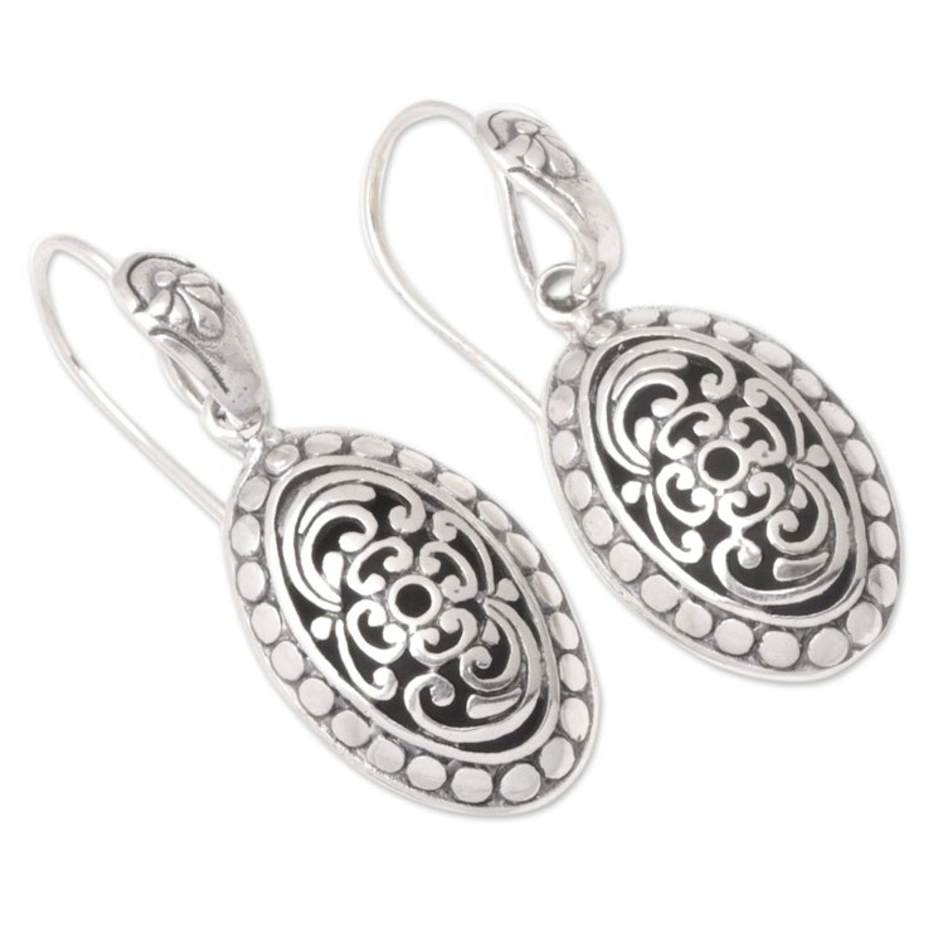 Sterling Silver Oval Dangle Earrings with Floral Motifs 'Blooming Shell'