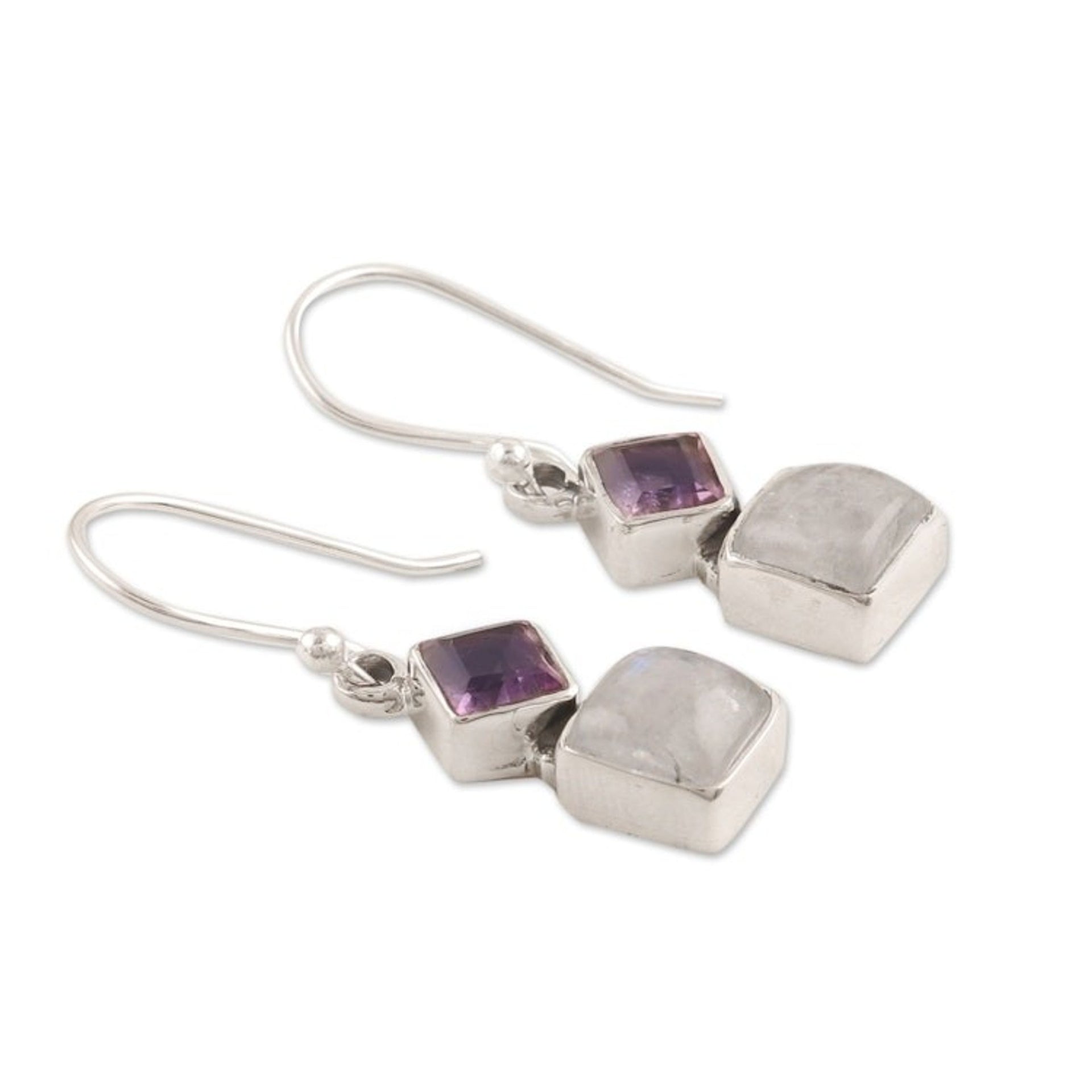 Silver Dangle Earrings with Rainbow Moonstones and Amethysts 'Misty Harmony'