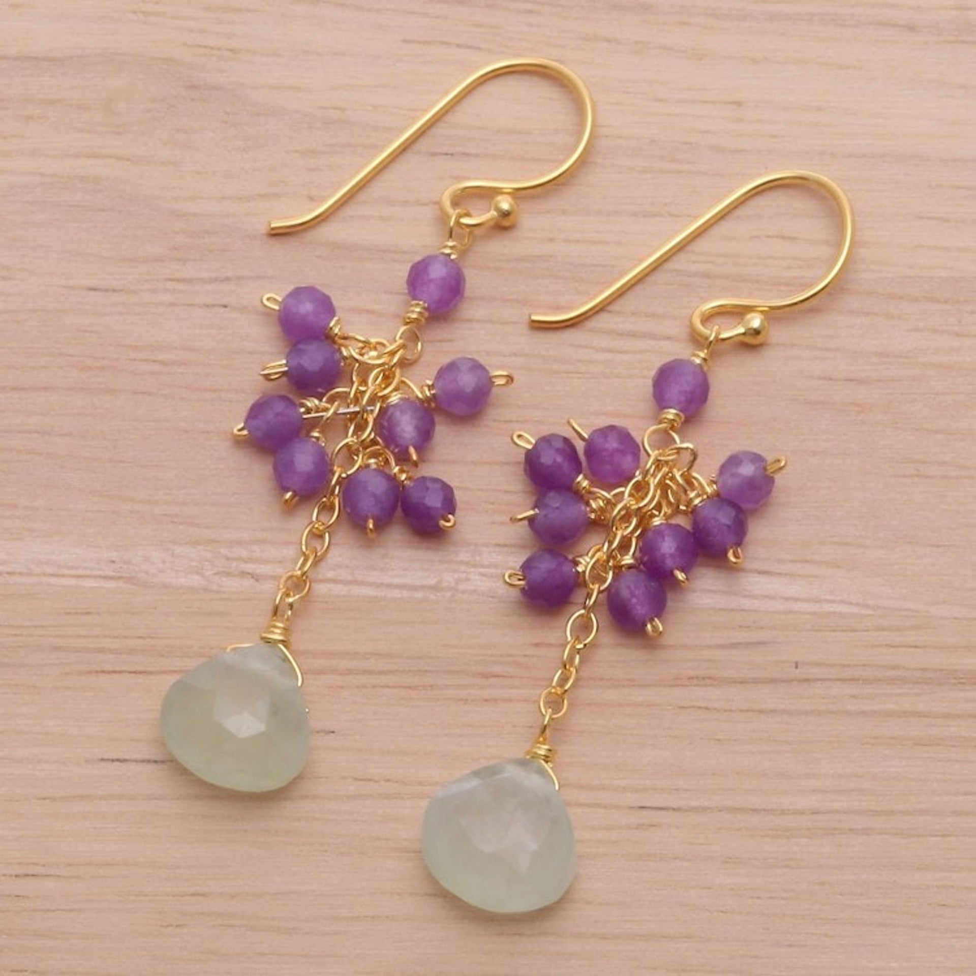 24k Gold-Plated Prehnite and Amethyst Dangle Earrings 'Wise Bliss'
