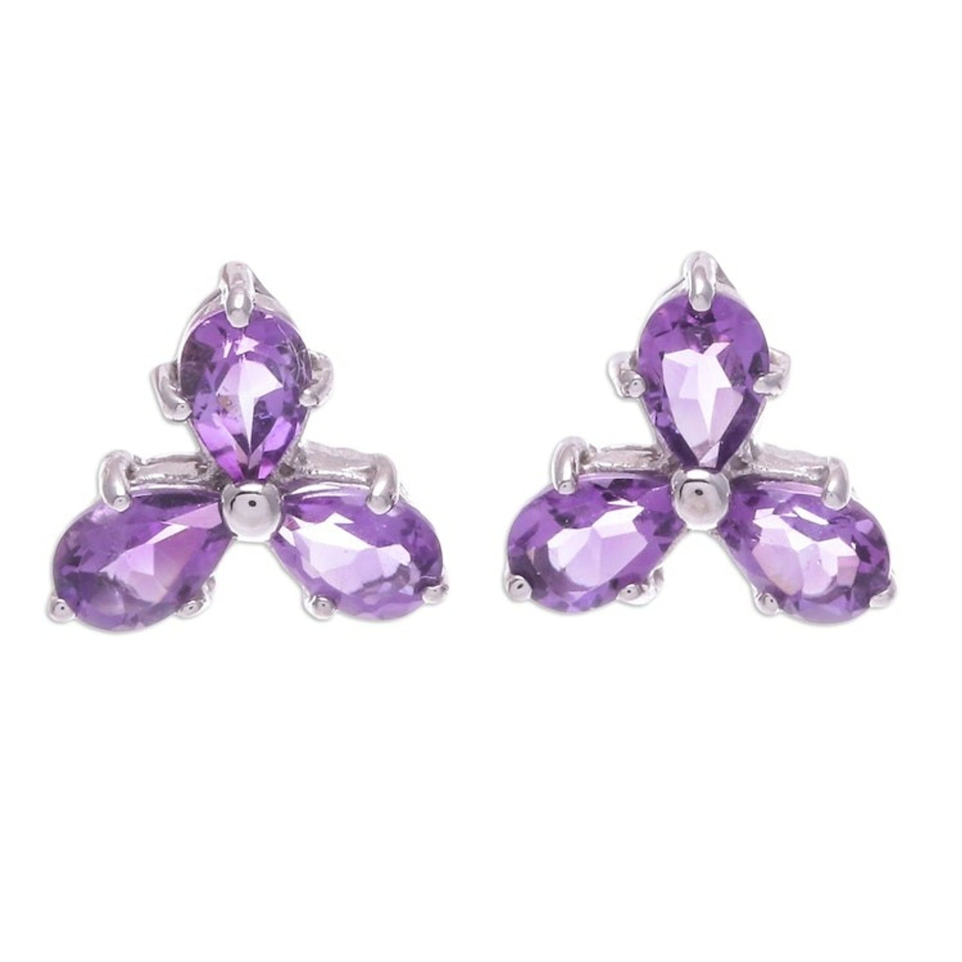 Clover-Themed Button Earrings with Two-Carat Amethyst Gems 'Wisdom Clover'