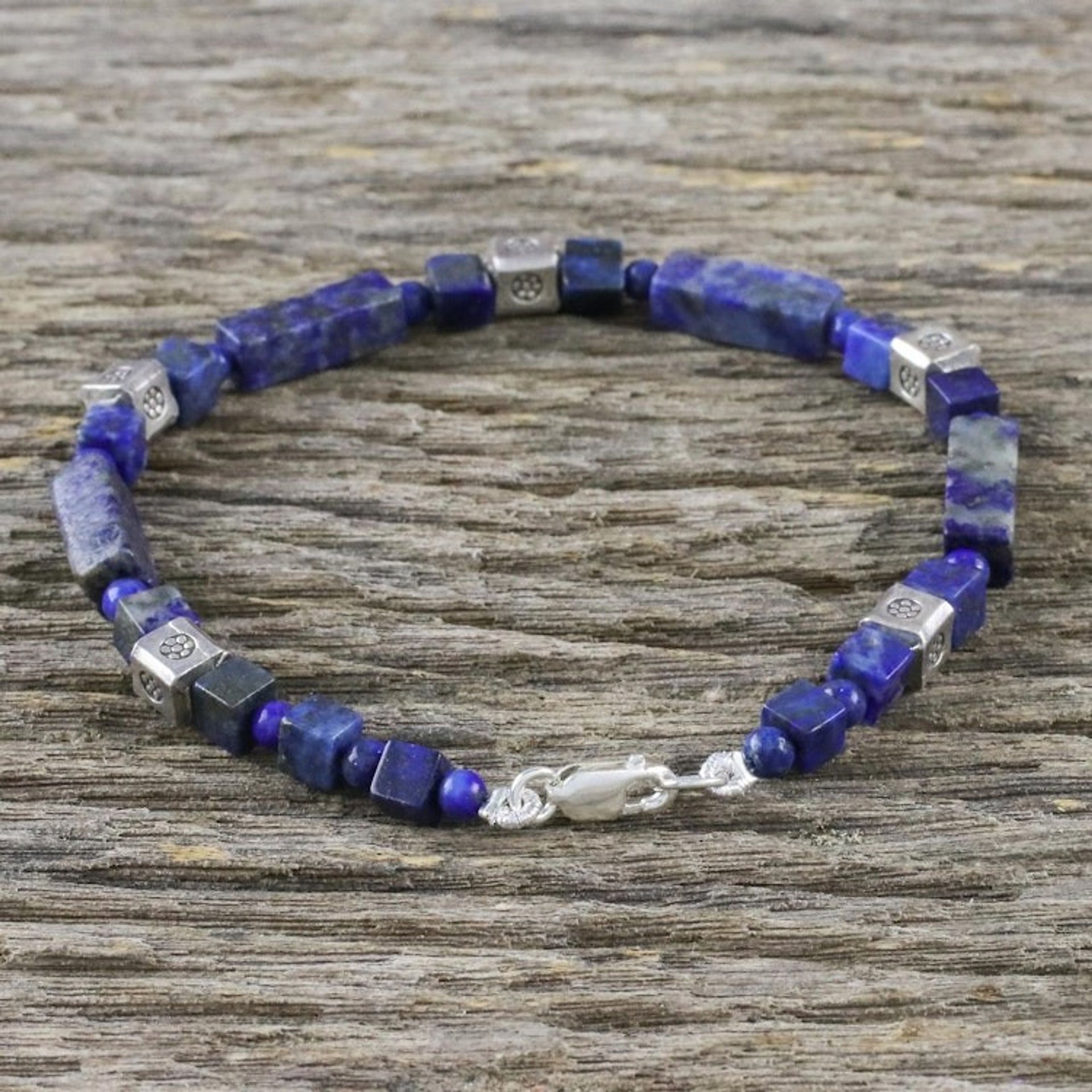 Lapis Lazuli and Silver Beaded Bracelet from Thailand 'Indigo Dream'
