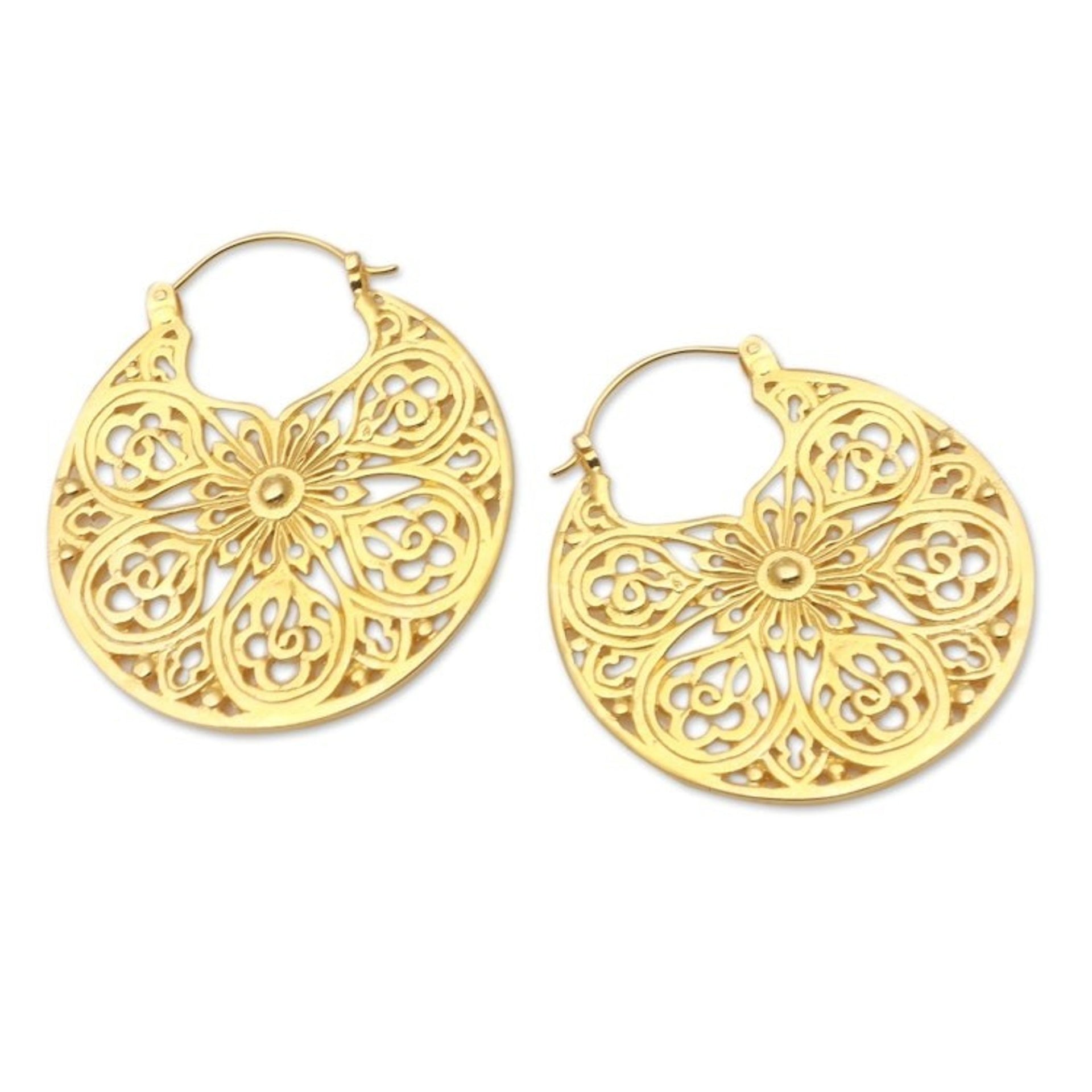 Artisan Crafted Gold-Plated Brass Hoop Earrings 'Smell the Roses'