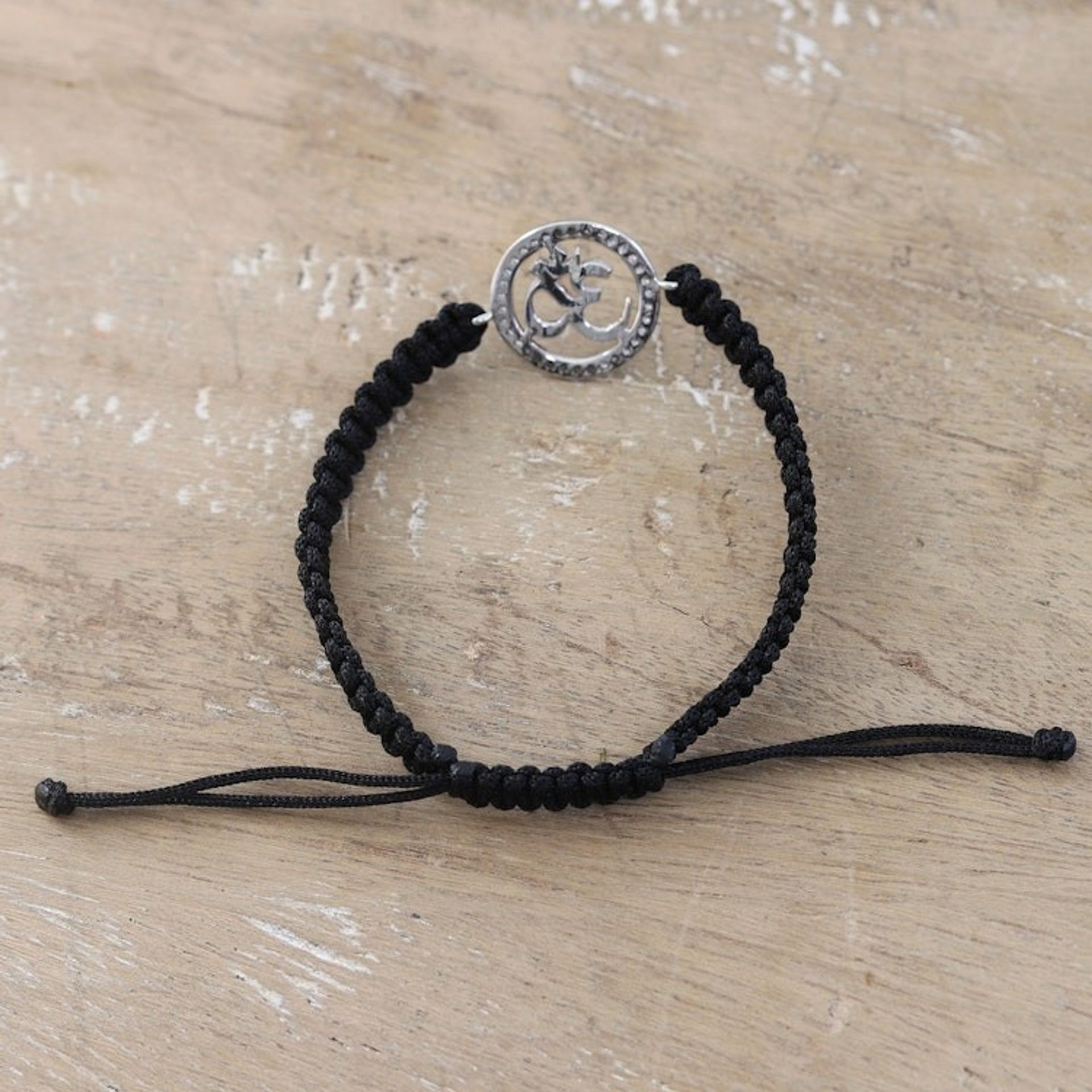 Black Macrame Cord Bracelet with Om Pendant and Gems 'Bonds of Enlightenment'