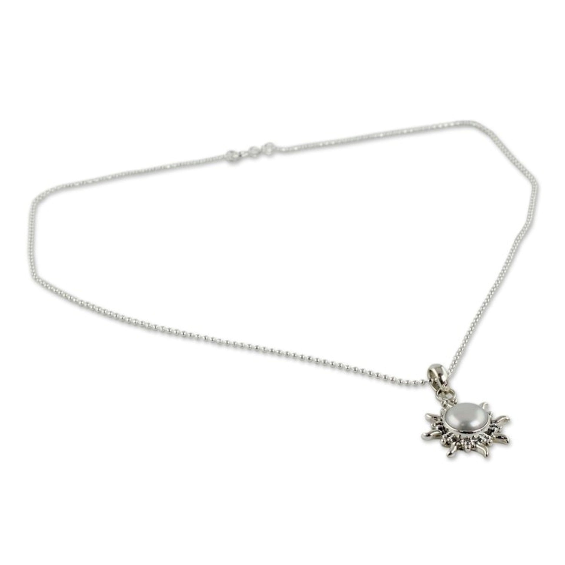 Pearl Necklace Sun and Moon Sterling Silver Pendant 'Quiet Sun'