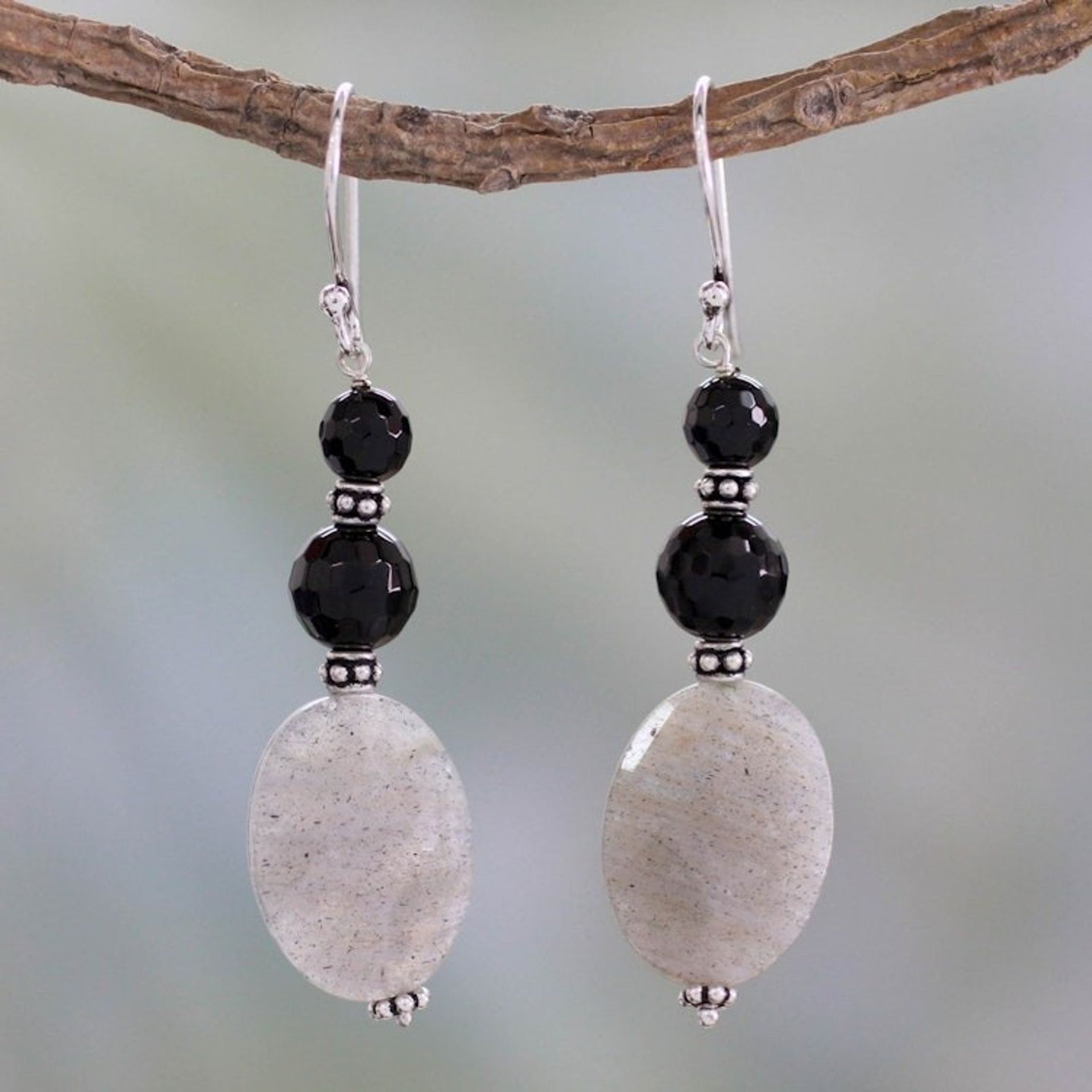 Artisan Made Onyx and Labradorite Earrings 'Midnight Mist'