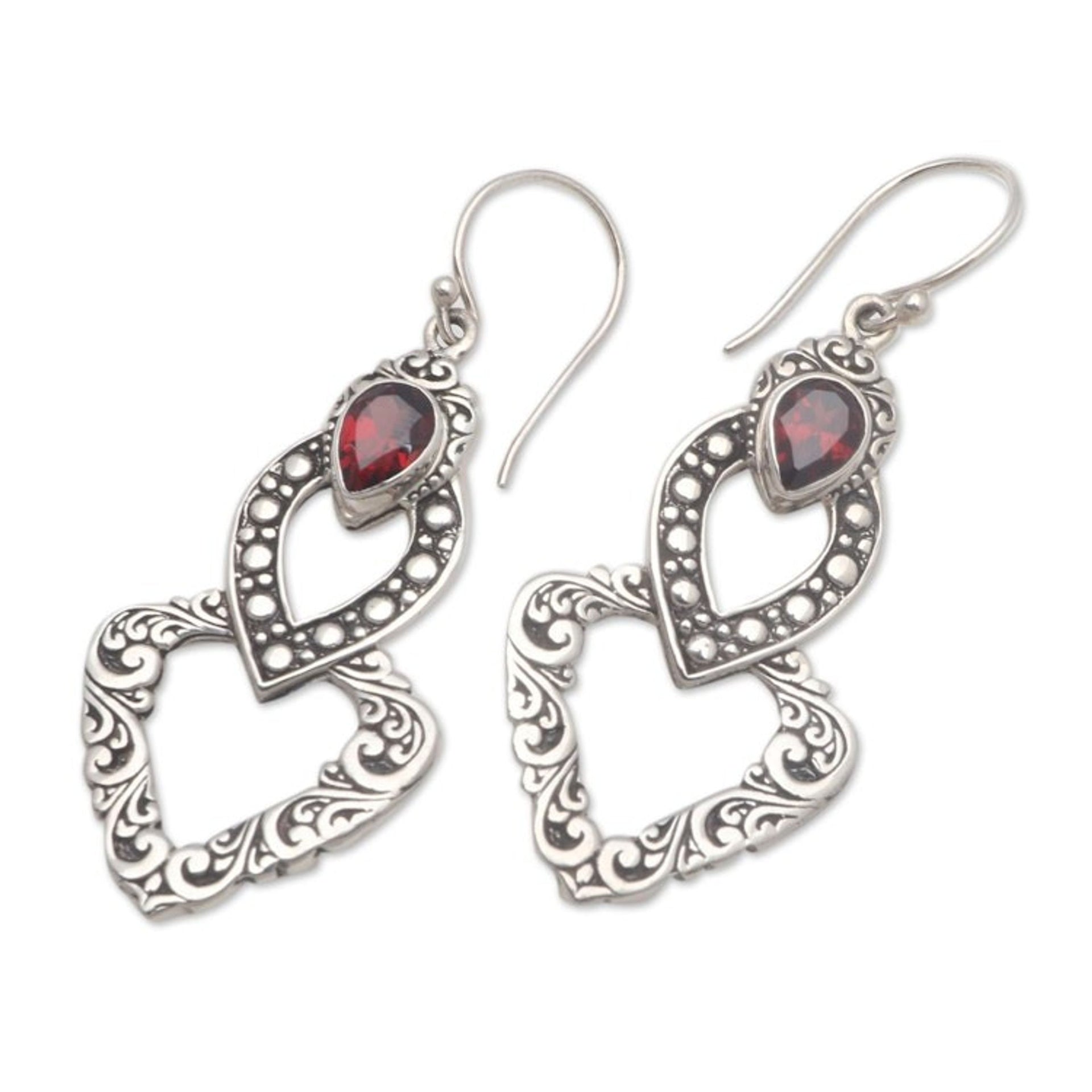 Heart-Shaped Faceted Garnet Dangle Earrings from Bali 'Hearts of Waves'