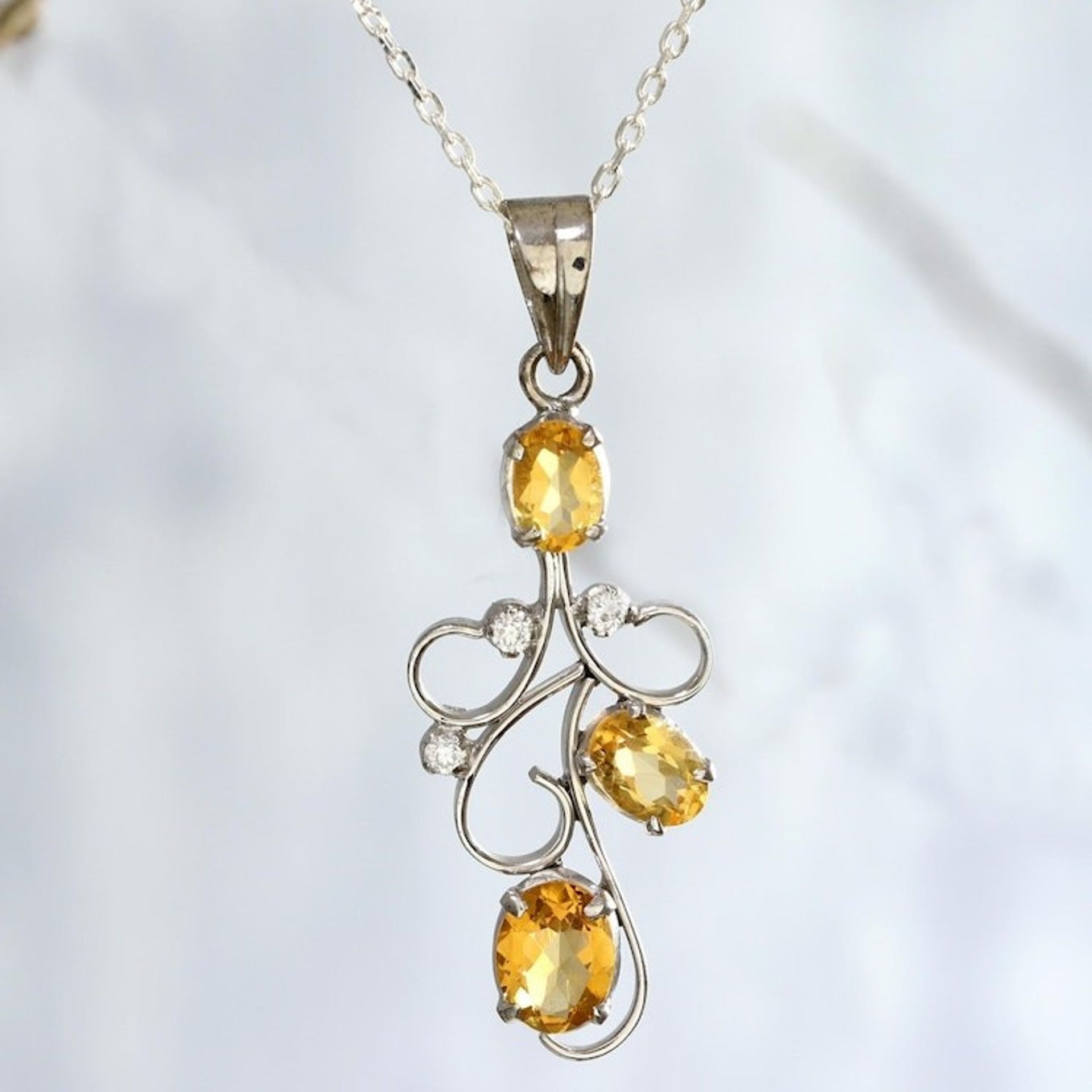 Citrine Sterling Silver Bud on Vine Motif Pendant Necklace 'Delicate Tendrils'