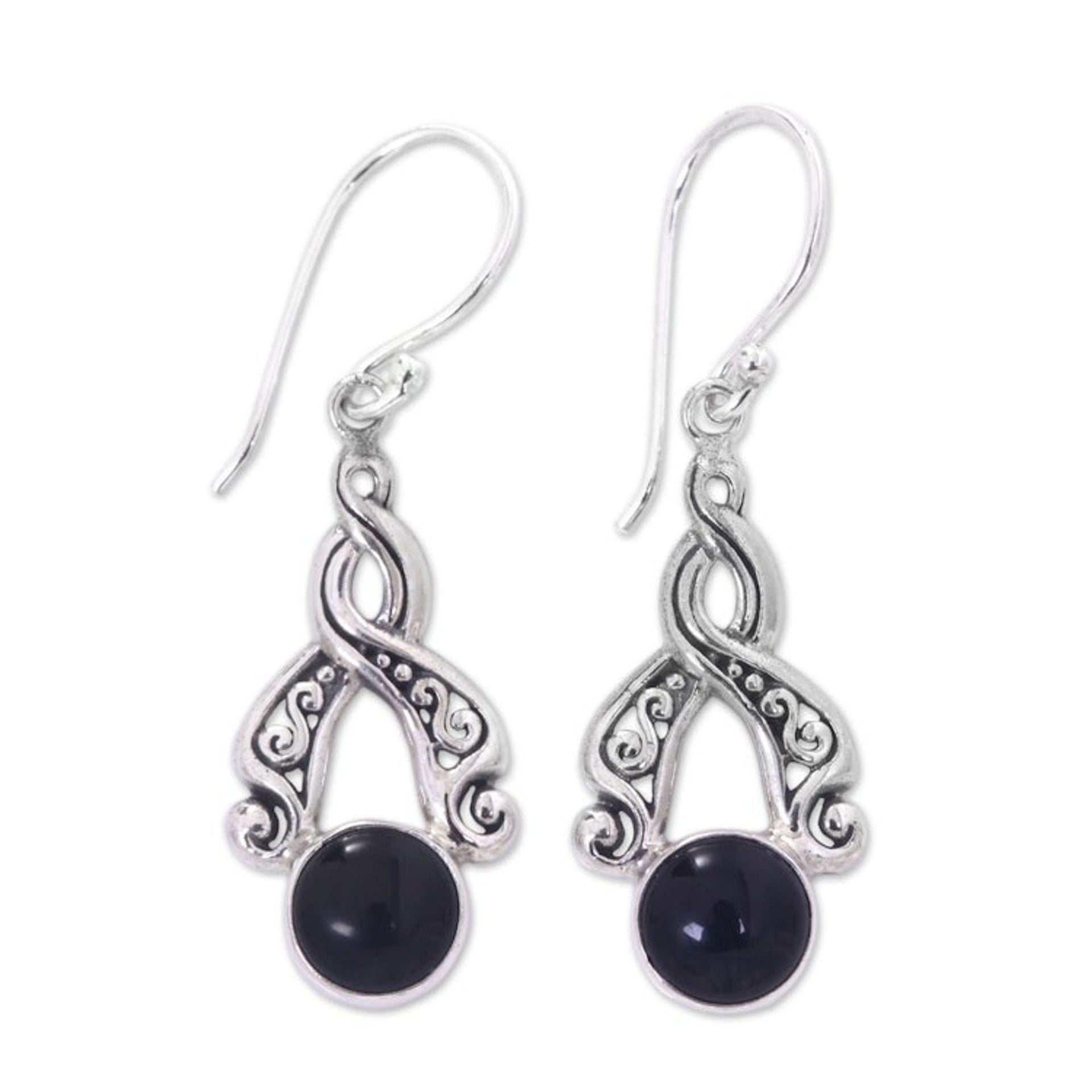 Handcrafted Silver and Onyx Dangle Earrings from Bali 'Midnight Embrace'
