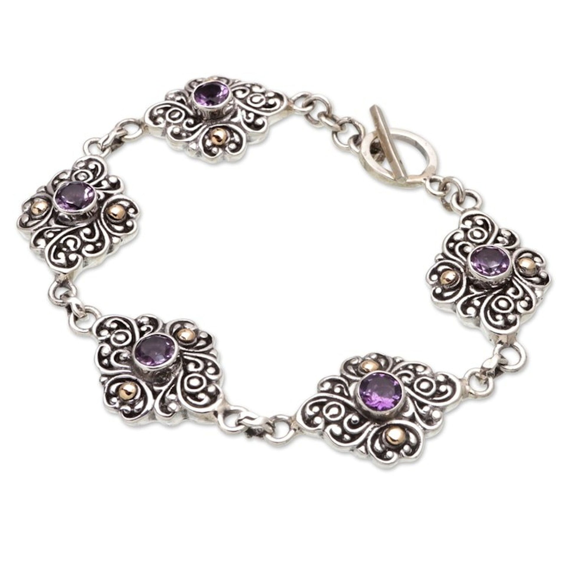 18k Gold-Accented Link Bracelet with Faceted Amethyst Stones 'Wisdom Incantation'