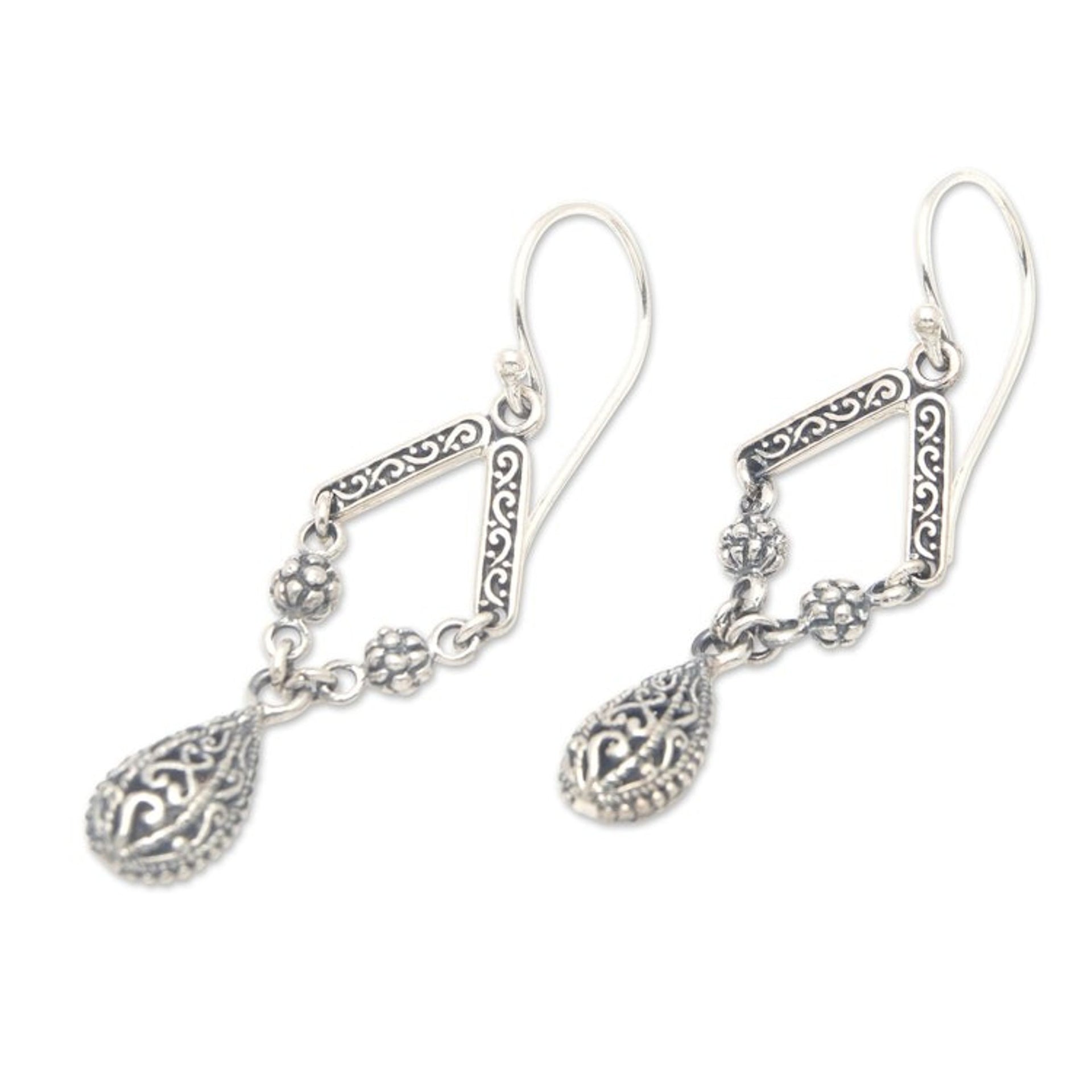 Antique Sterling Silver Dangle Earrings with Balinese Motifs 'Balinese Glam'