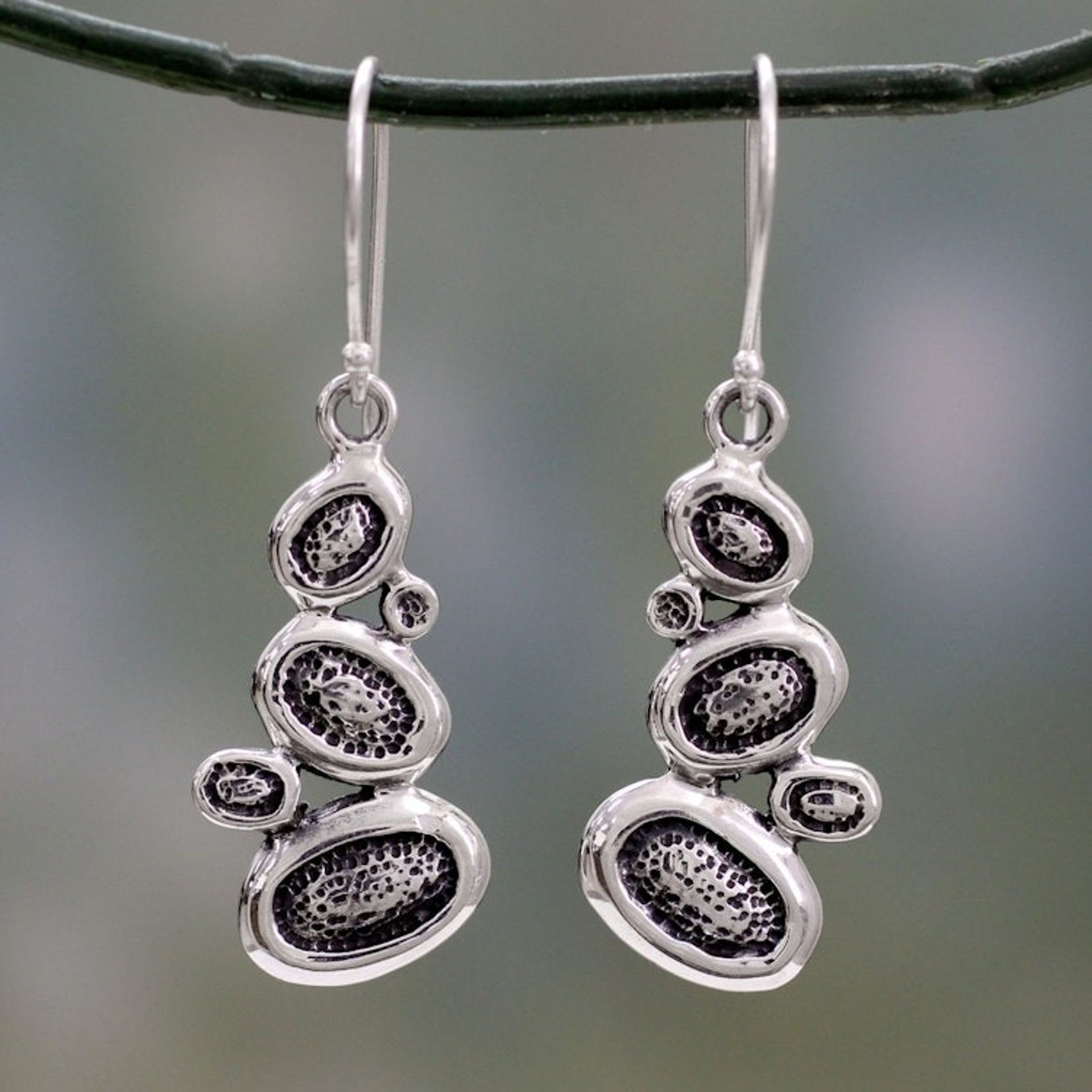 India Fair Trade Abstract Sterling Silver Earrings 'Pebbles on the Beach'