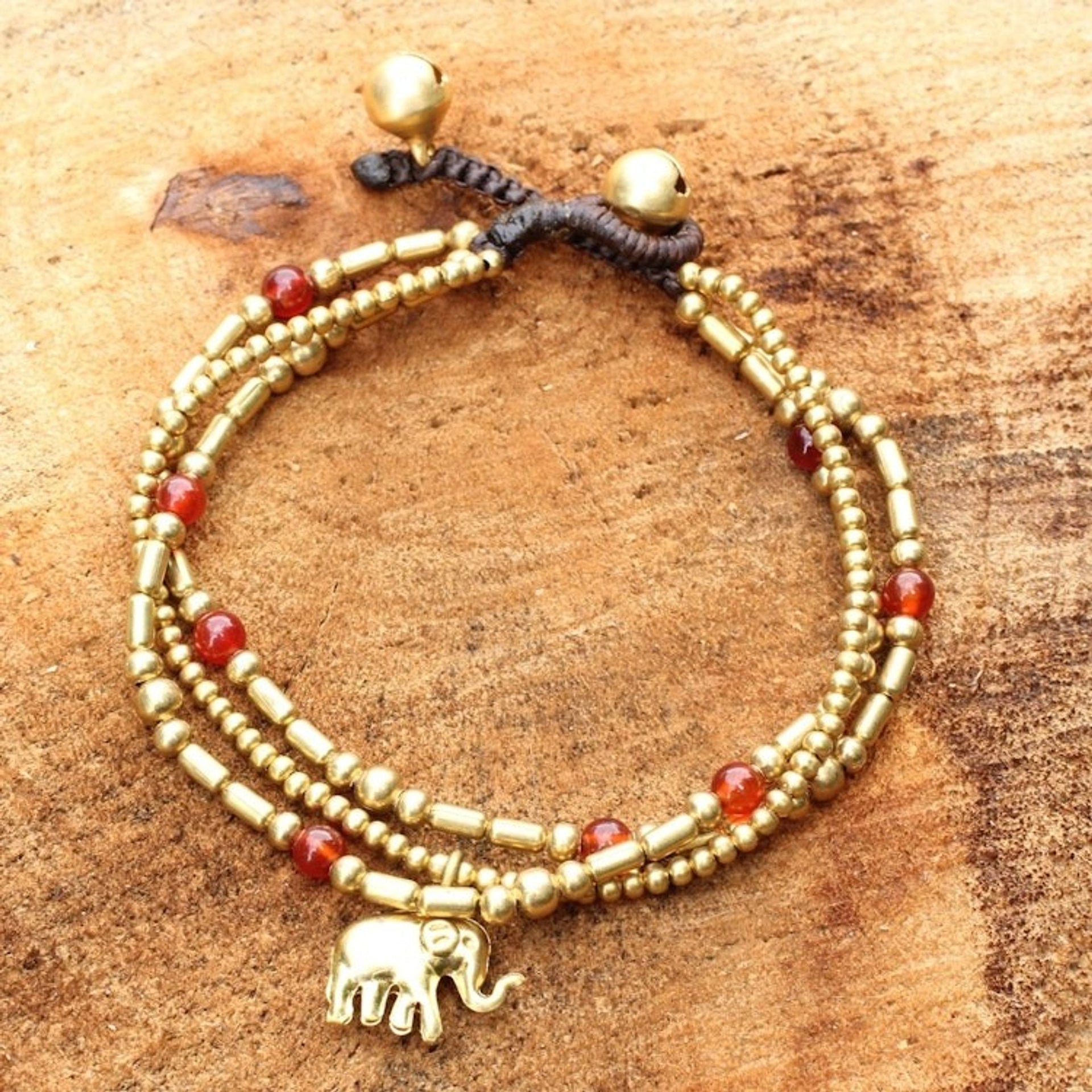 Brass Bracelet Carnelian Gems Beaded Jewelry 'Thai Elephant Charm'