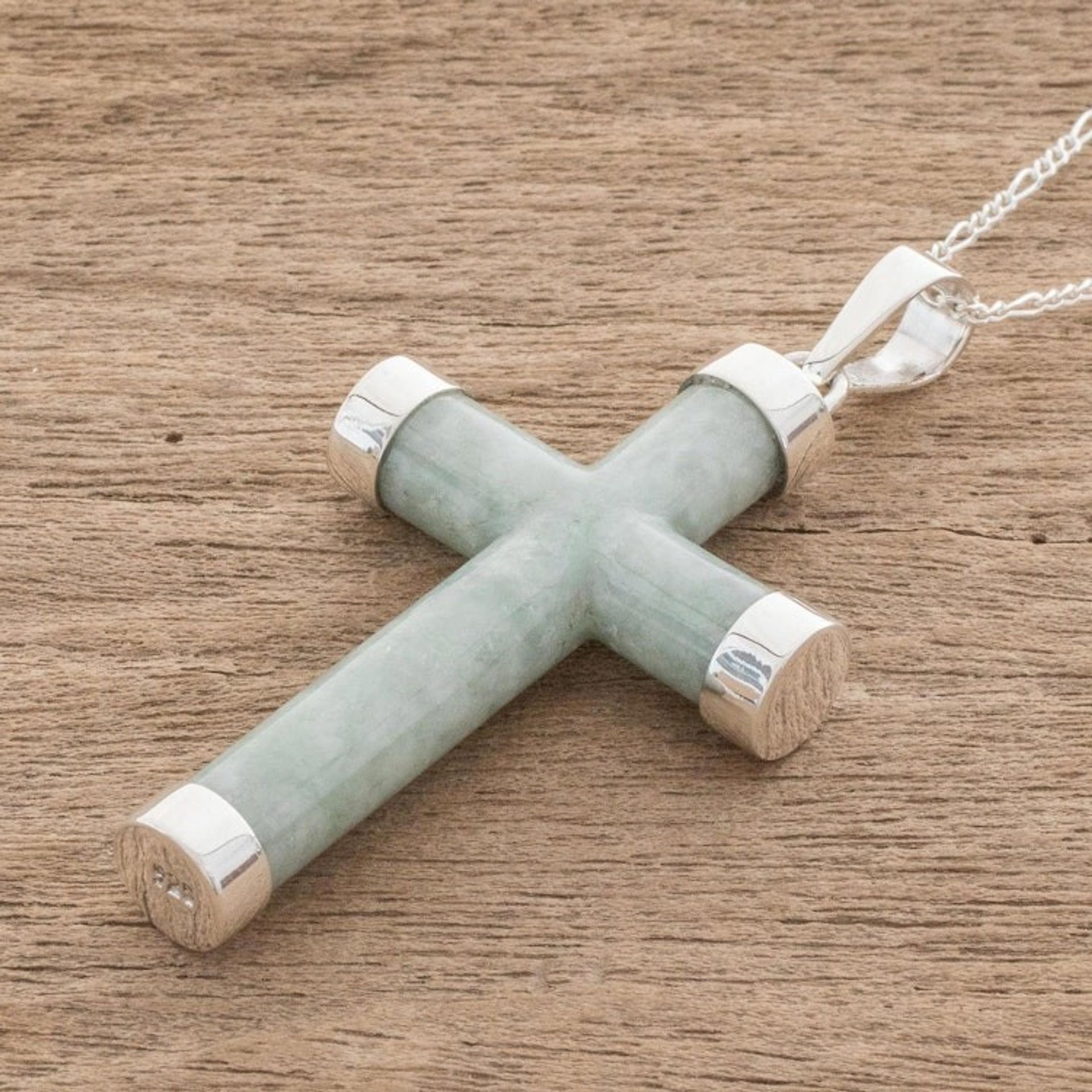Sterling Silver Green Jade Pendant Necklace from Guatemala 'Green Mayan Cross'