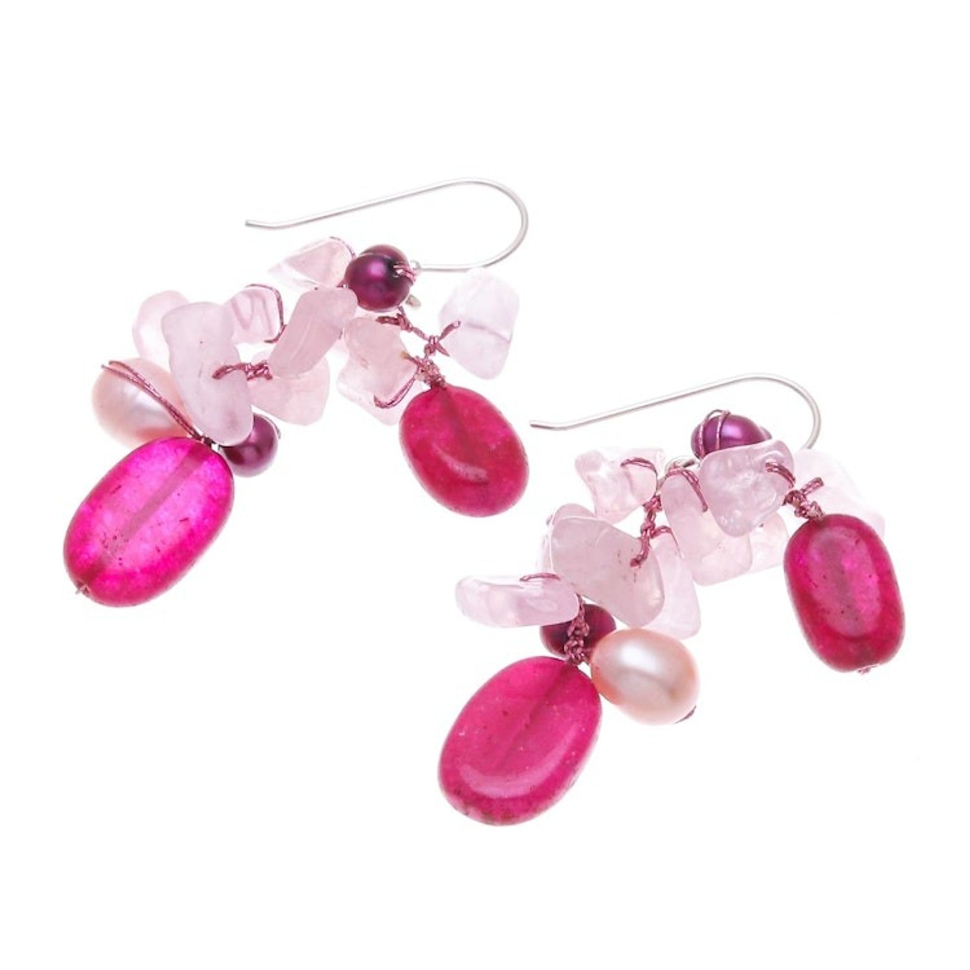 Rose Quartz Freshwater Pearl Dangle Earrings 'Magenta Balloon'