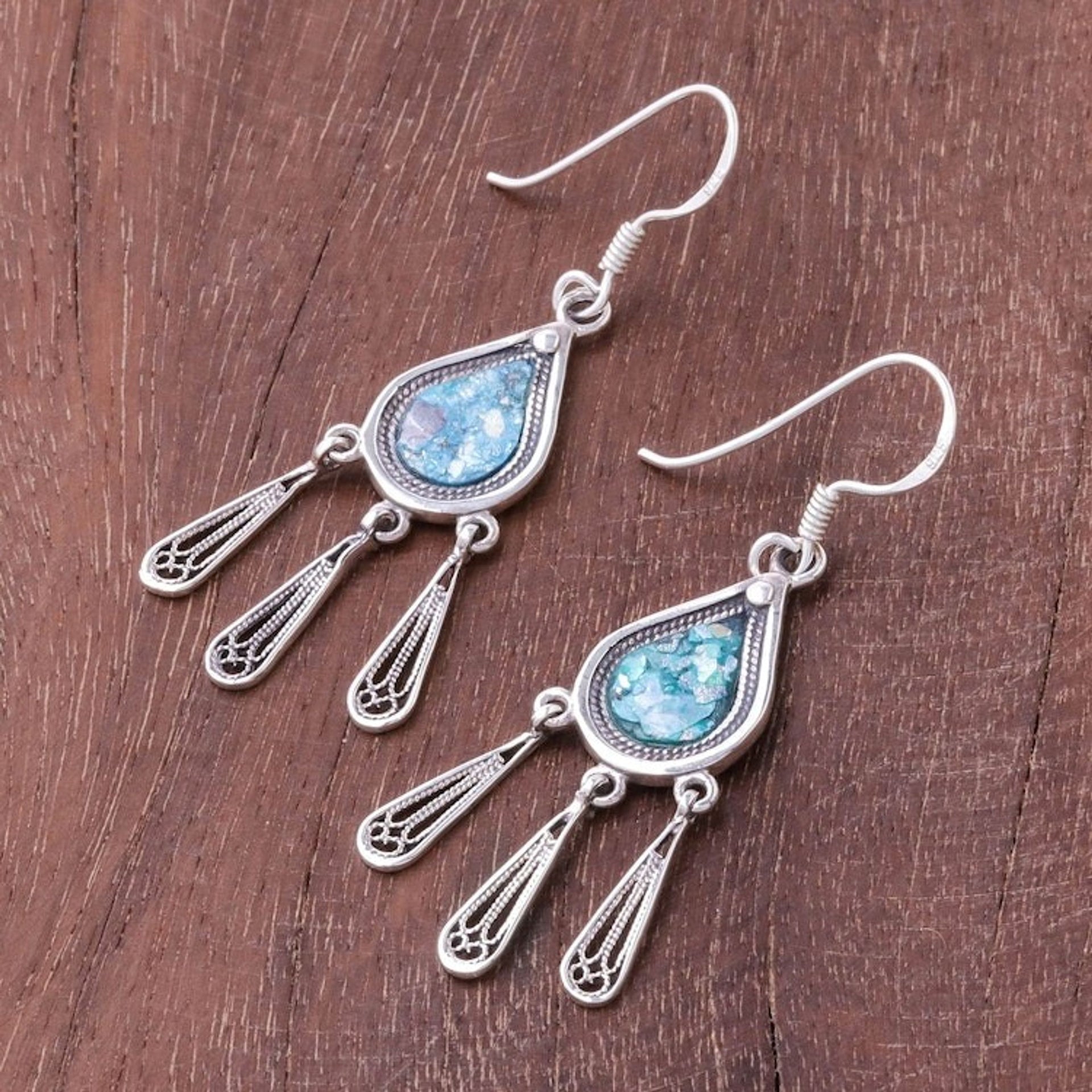 Drop-Shaped Roman Glass Chandelier Earrings from Thailand 'Ancient Rain'