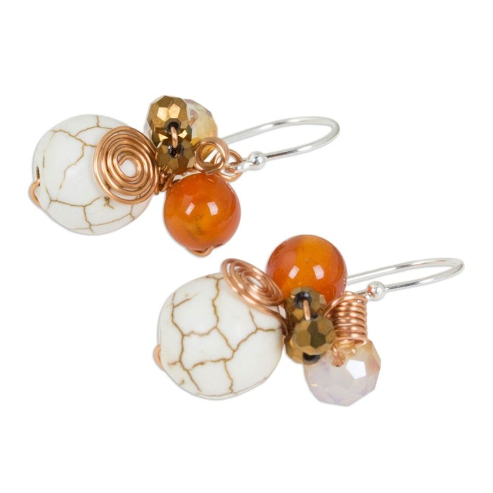 Calcite Carnelian and Glass Bead Dangle Earrings with Copper 'White Bubbles'
