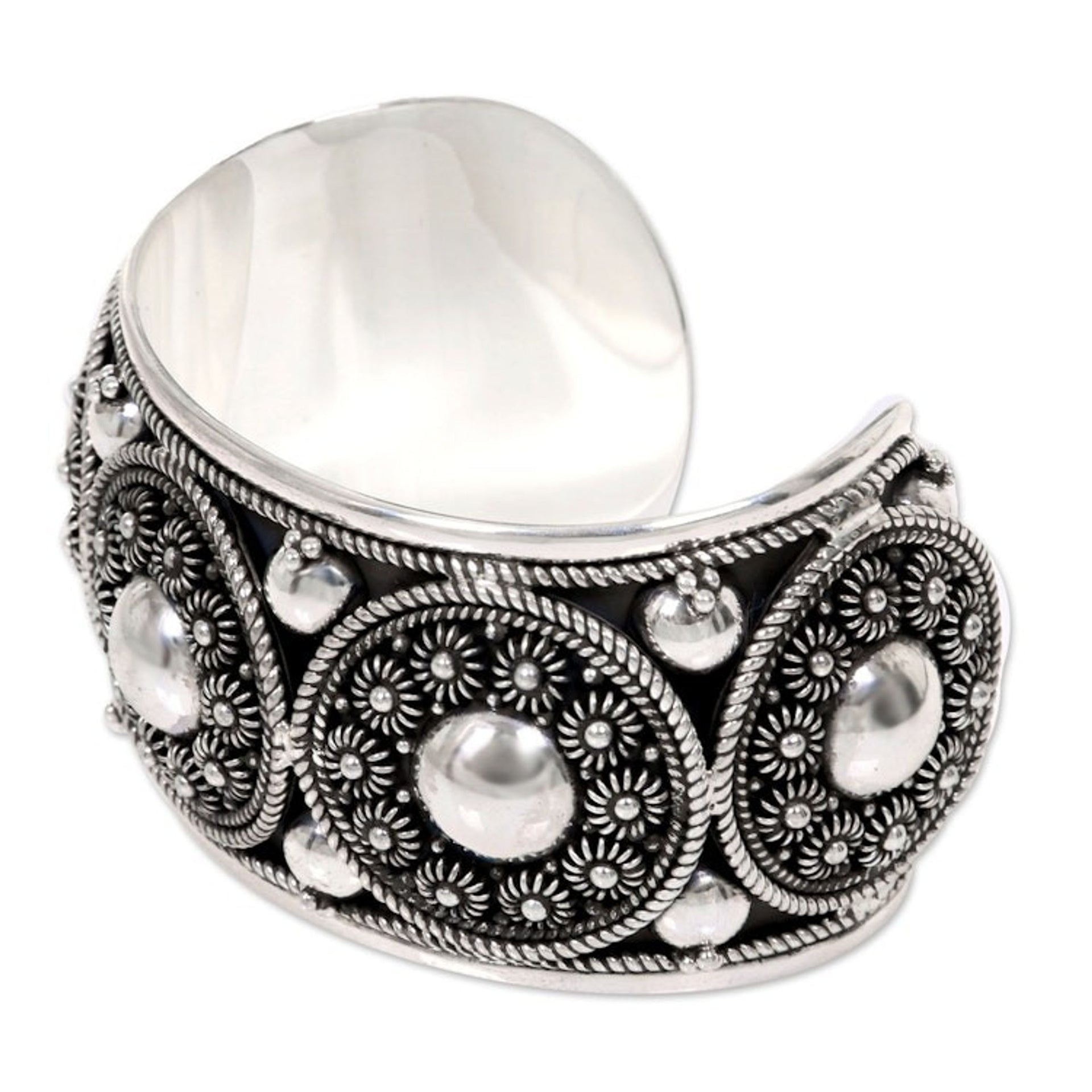 Handmade Sterling Silver Cuff Bracelet with Floral Motifs 'Modern Traditions'