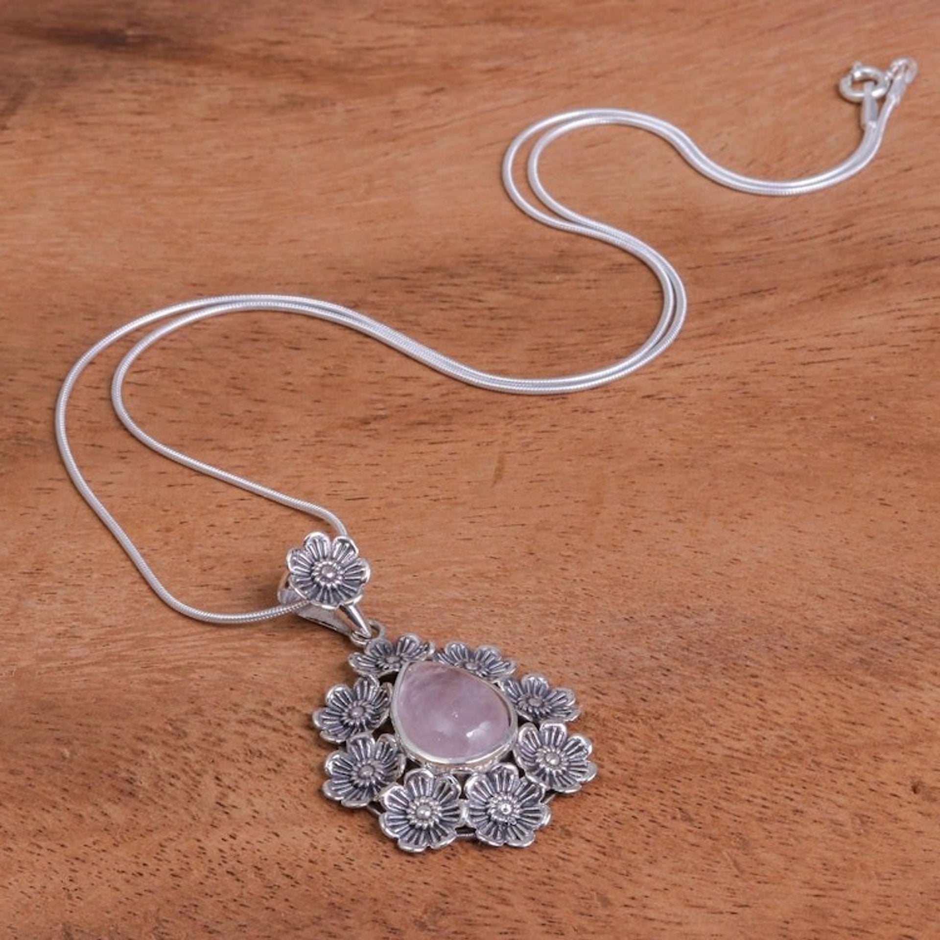 Rose Quartz Pendant Necklace with Floral Motif 'Crowned Beauty in Light Pink'