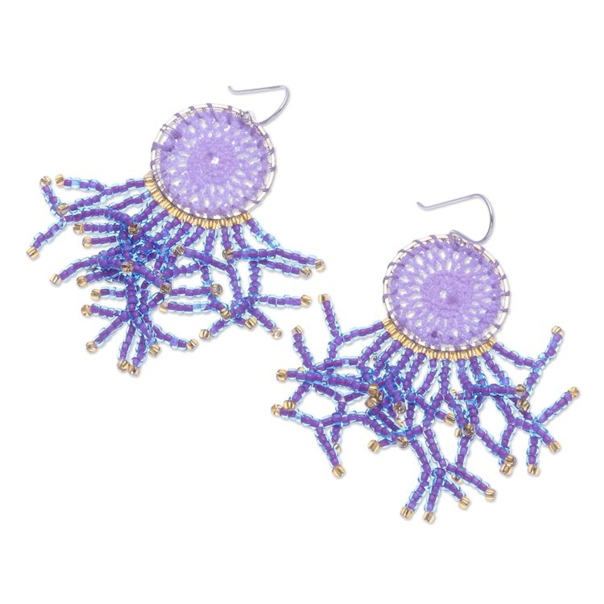 Crocheted Dreamcatcher Earrings with Orchid Glass Beads 'Dreaming Tree in Orchid'