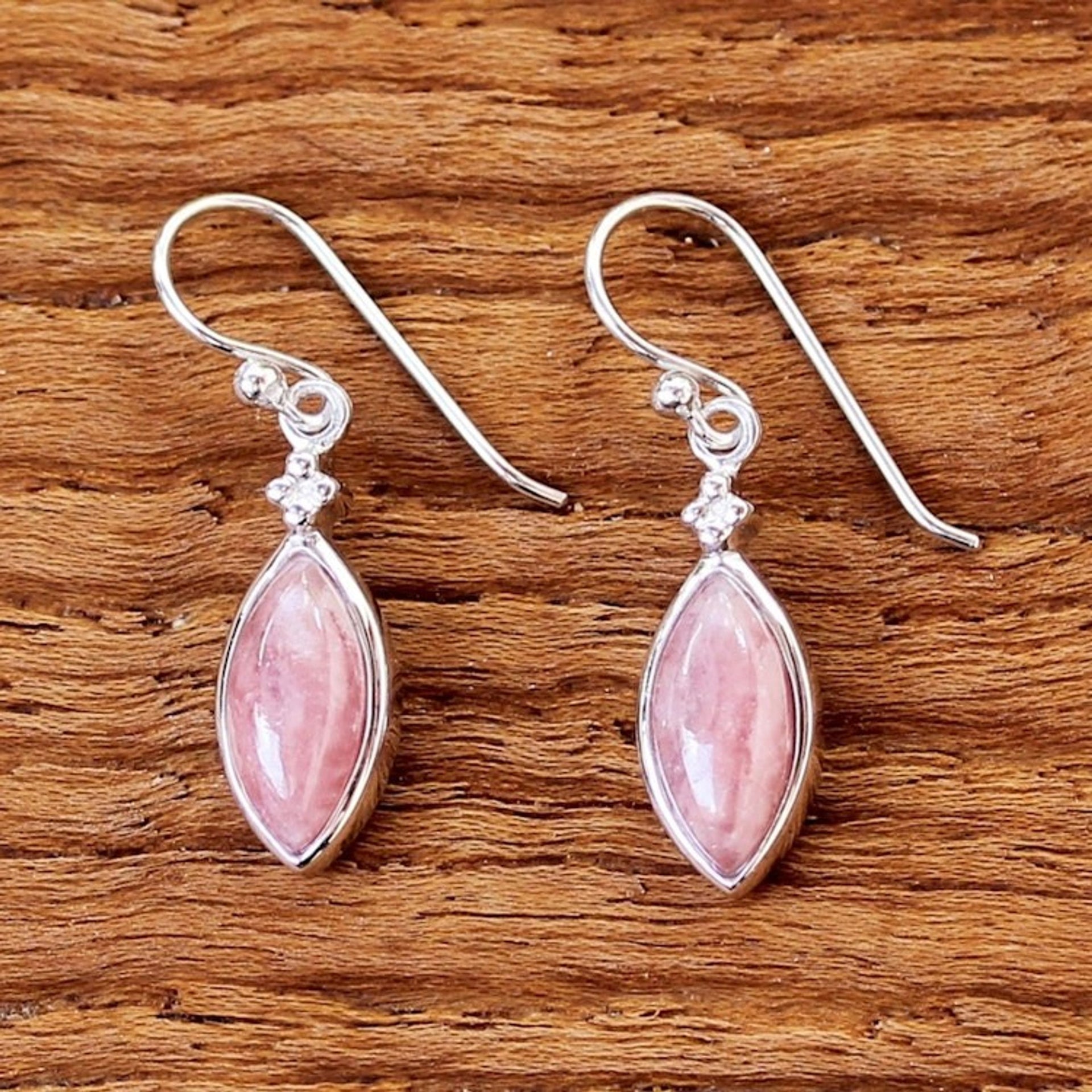 Rhodium Plated Rhodochrosite Dangle Earrings from Thailand 'Knowing Eyes'