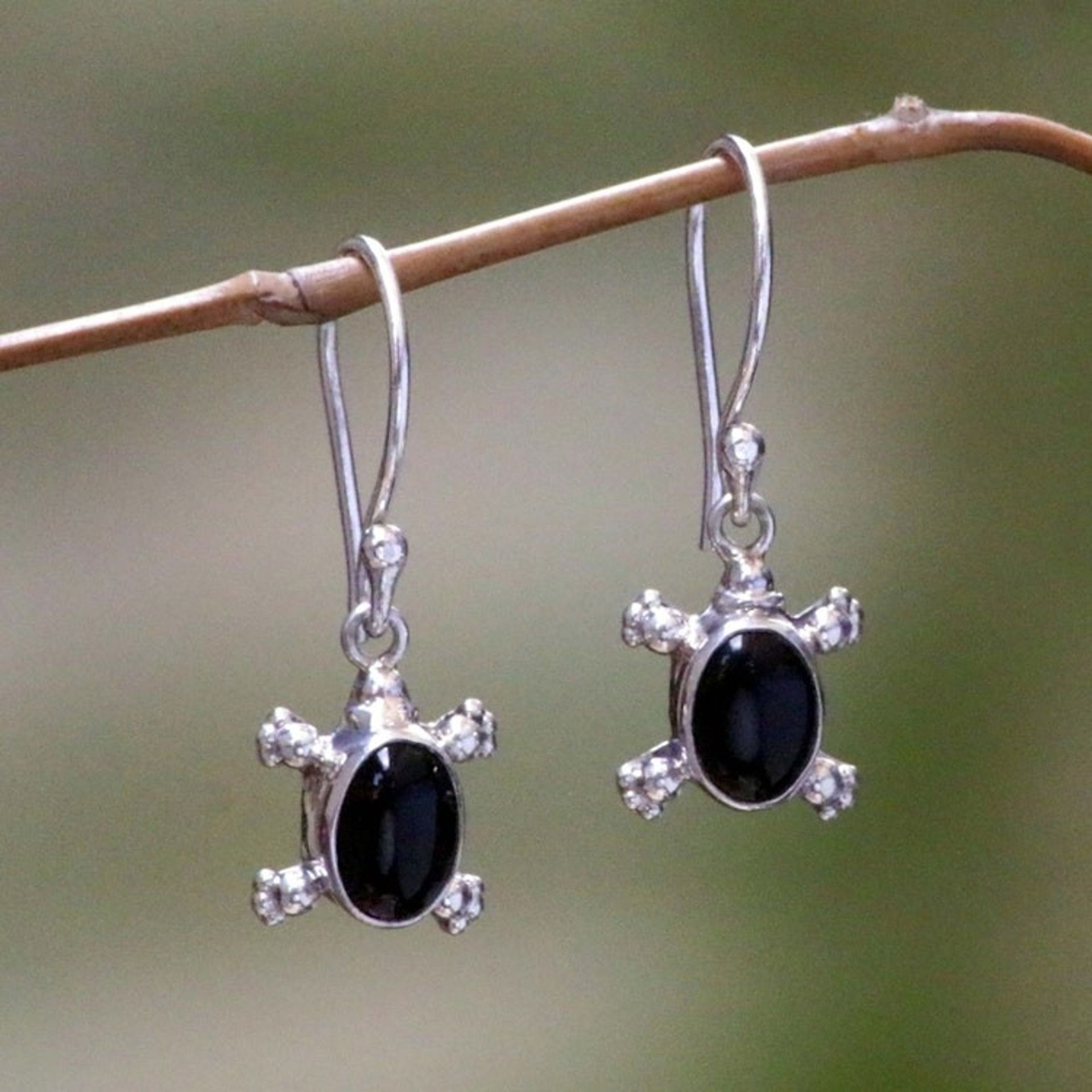 Handmade Sterling Silver and Onyx Dangle Earrings 'Turtle Trails'