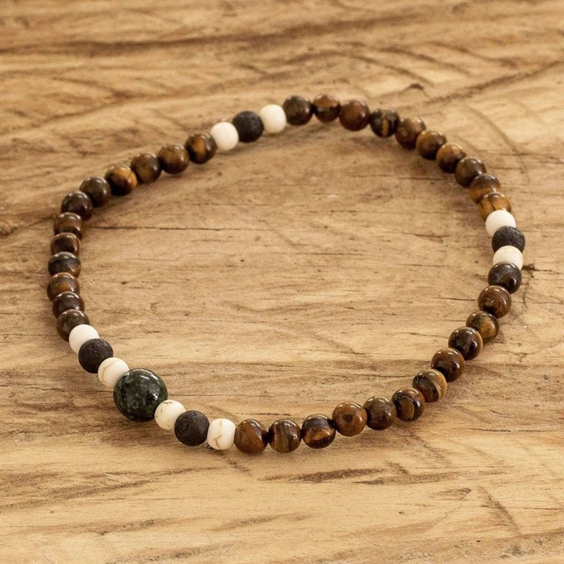 Men's Tiger's Eye Jade Lava Stone Beaded Stretch Bracelet 'Wild Jungle'