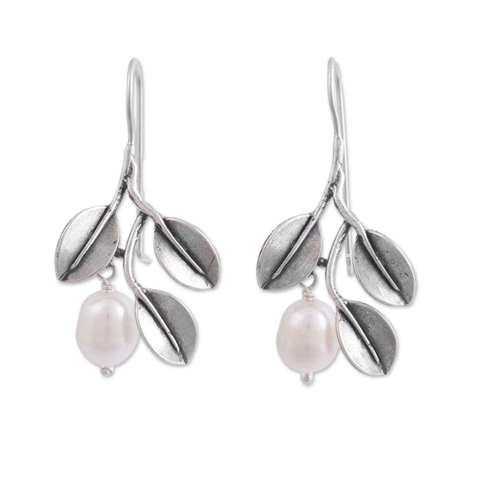 Dangle Earrings with Cultured Pearls and 925 Silver Leaves 'Iridescent Pears'