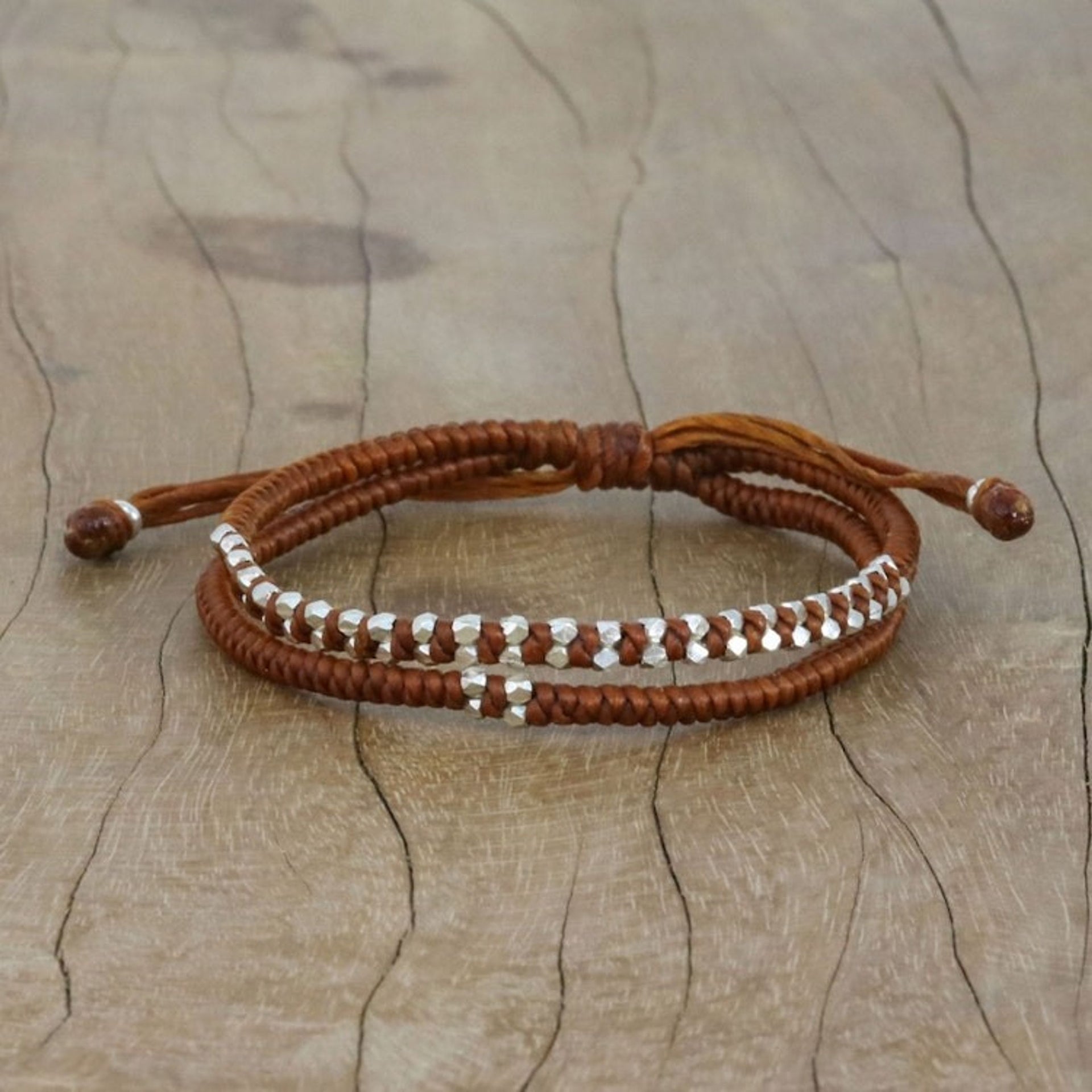 Burnt Sienna Cord Bracelet with Silver Beads 'Everyday Thai in Burnt Sienna'