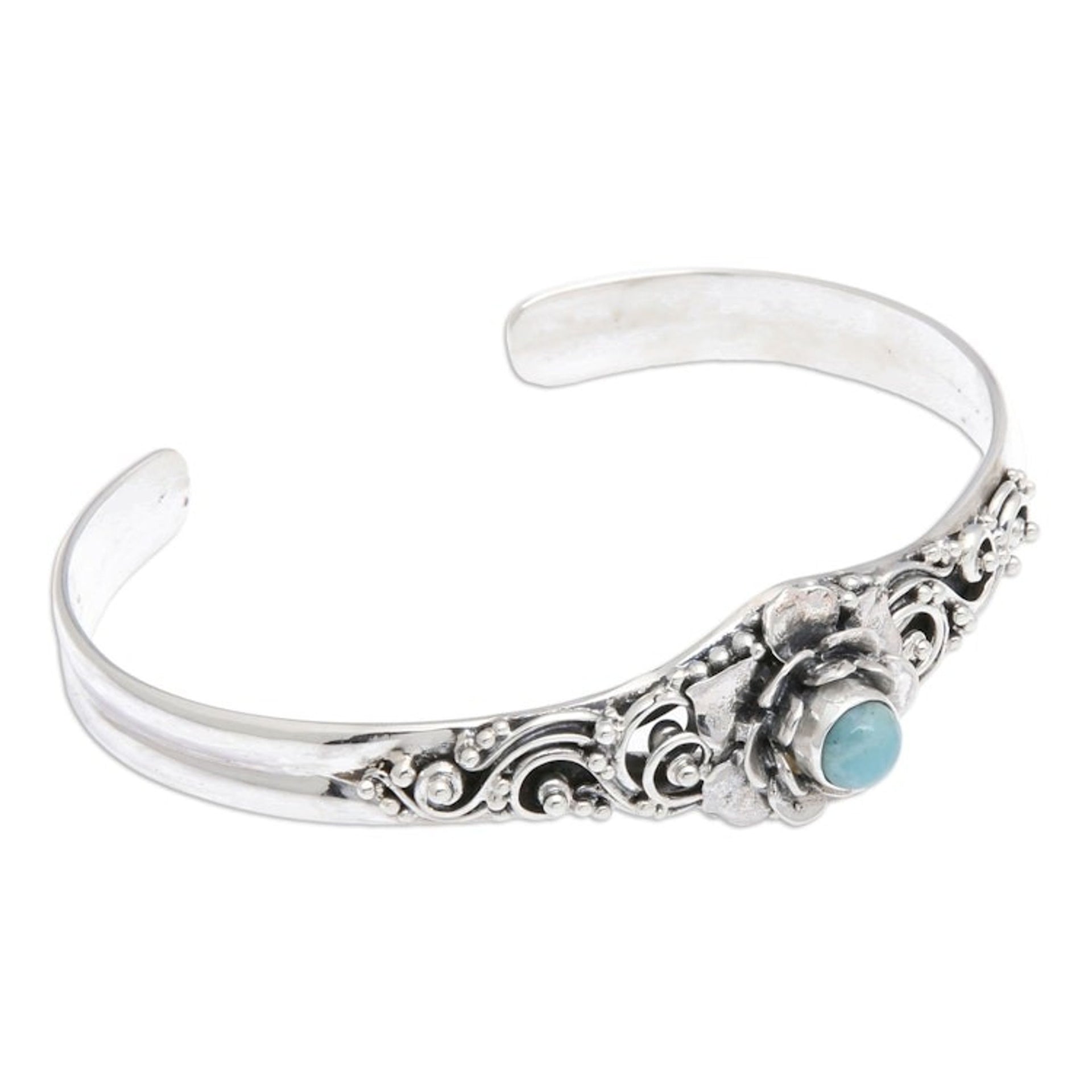 Larimar Sterling Silver Floral-Themed Cuff Bracelet 'Flower of Eternity'