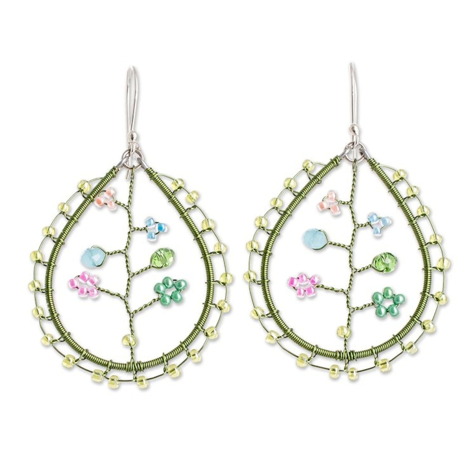 Floral Green Crystal and Glass Beaded Dangle Earrings 'Spring of Hope'