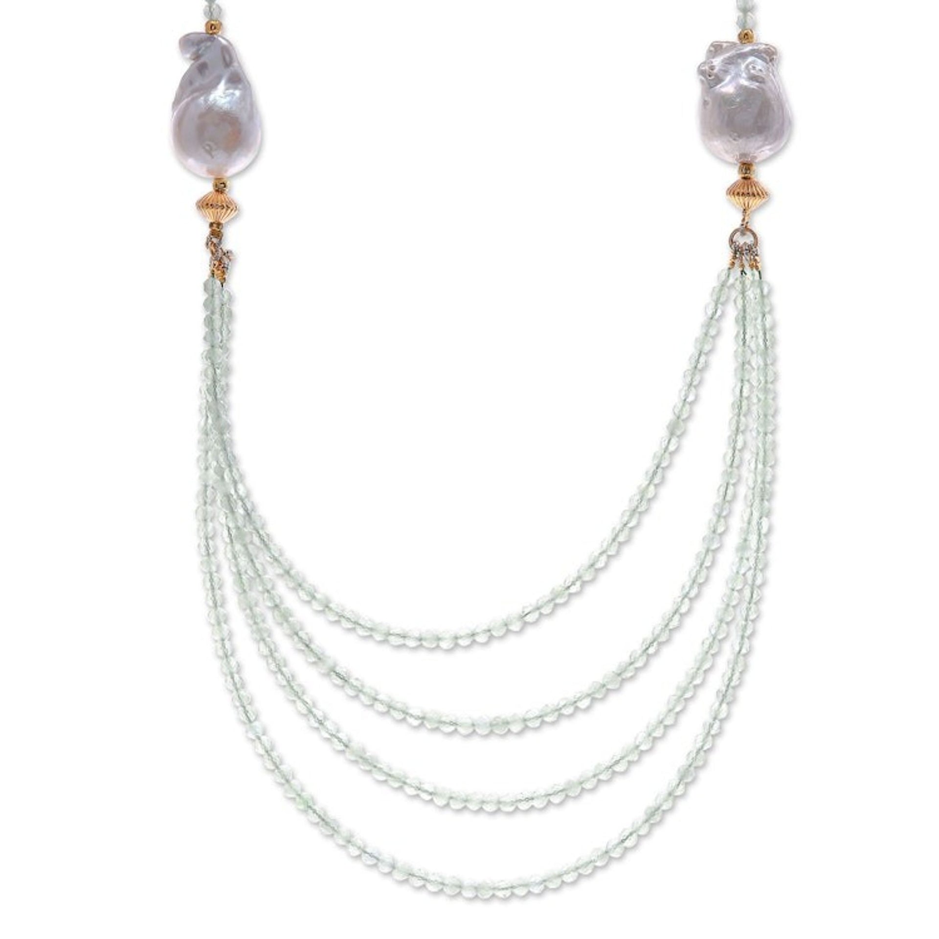 Gold-Accented Pearl and Chalcedony Necklace from Thailand 'Icy Shores in Green'