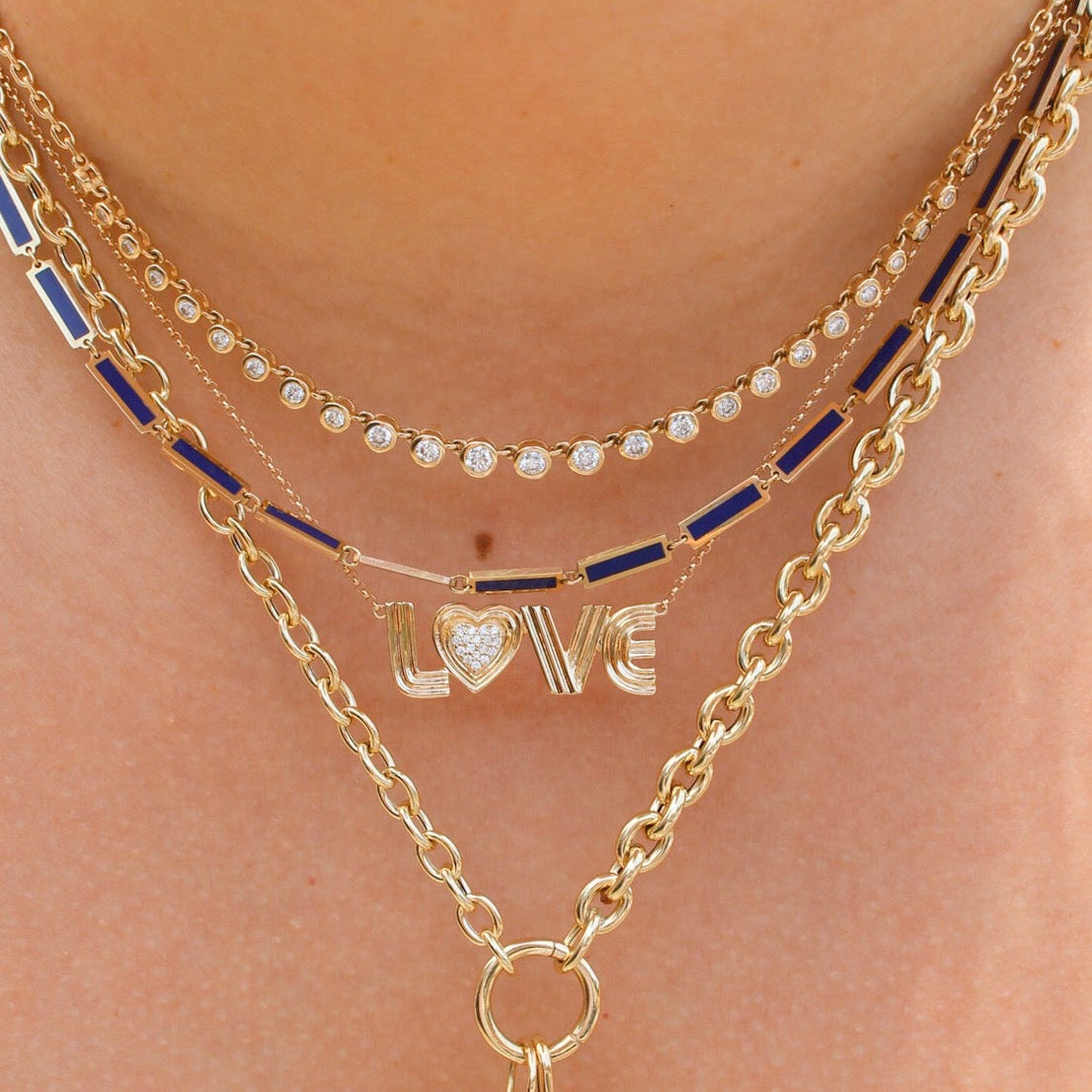 Gold Blue Lapis Double Link Rectangle Necklace