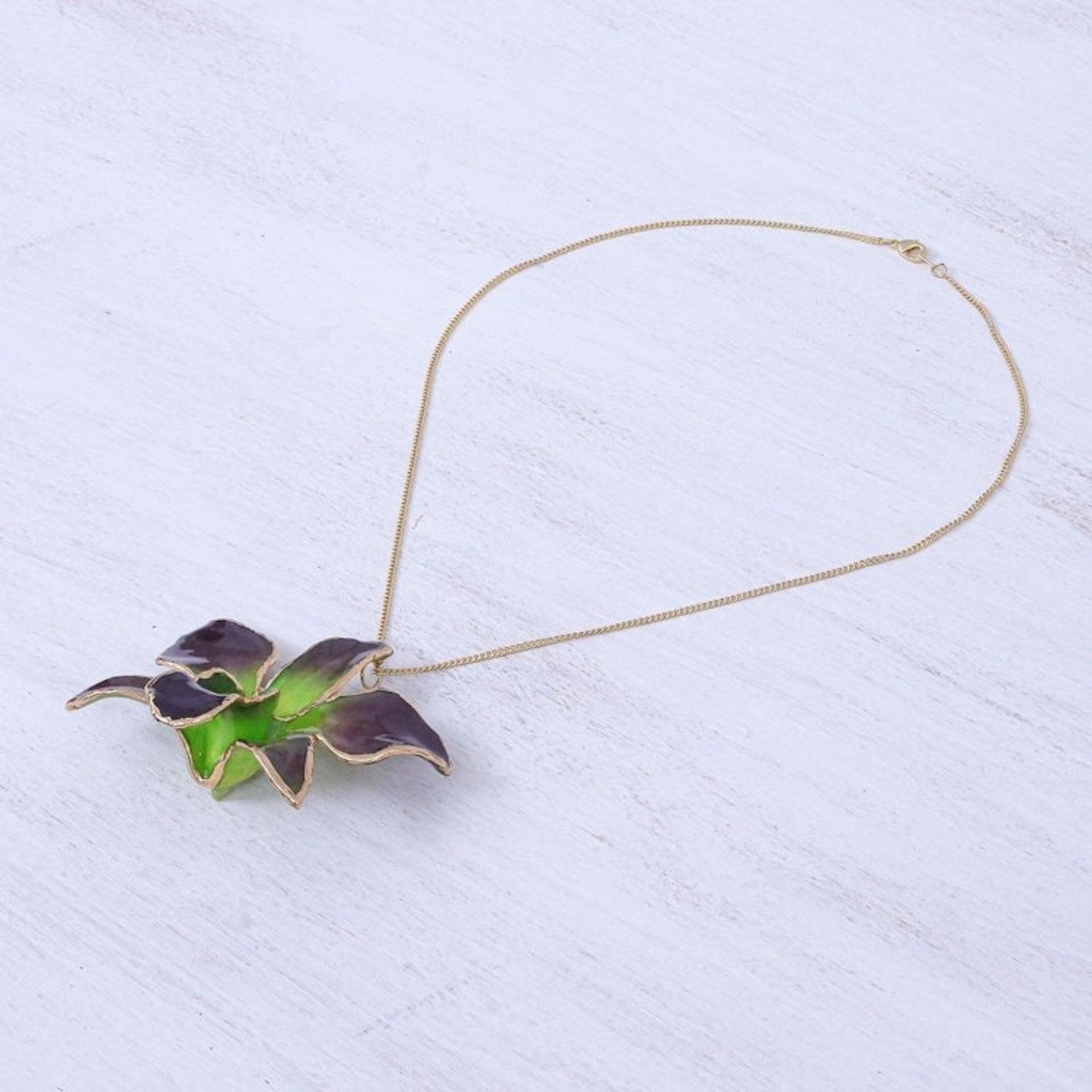 Gold-Plated Green Orchid Petal Pendant Necklace and Brooch 'Orchid Magic in Green'