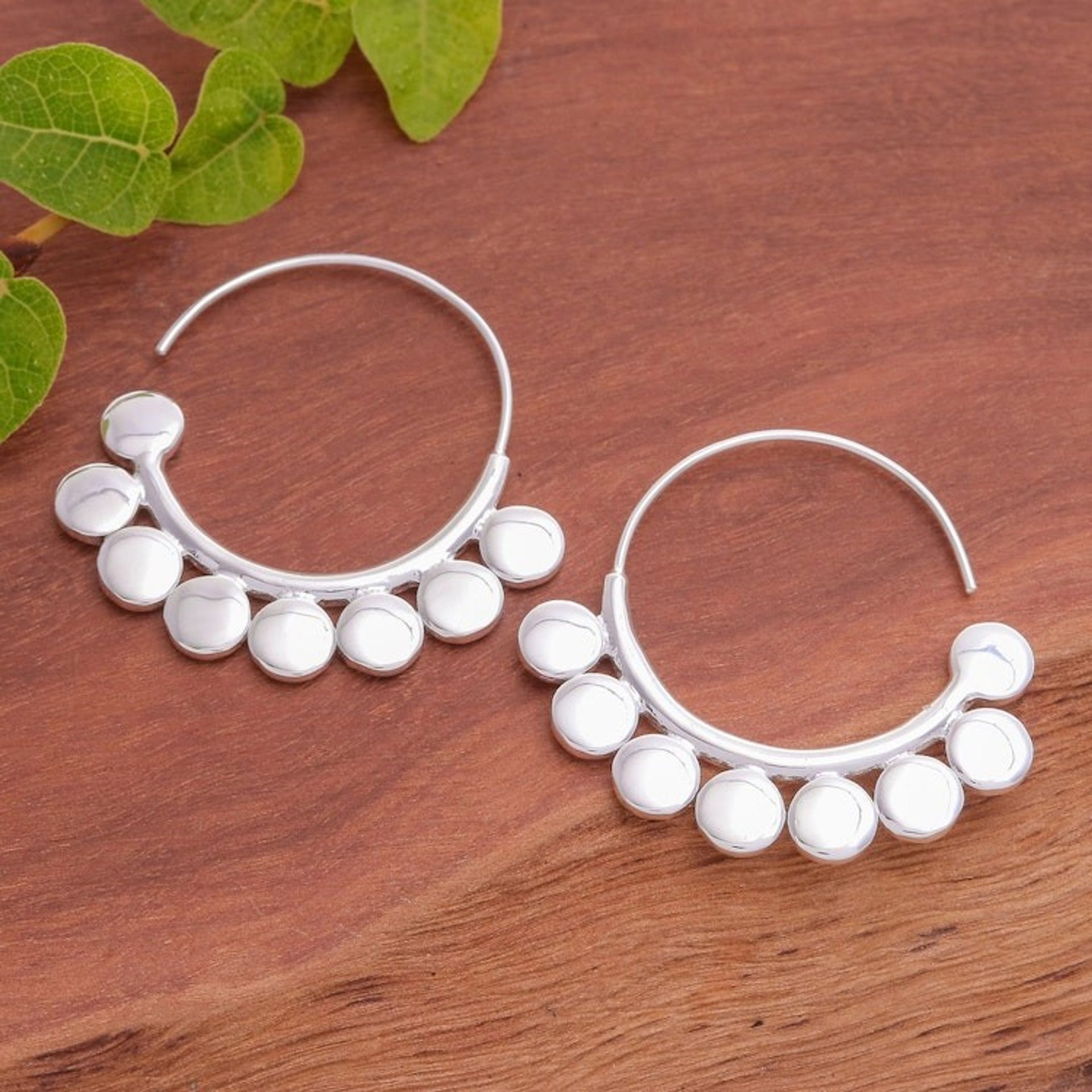 Polished Abstract-Themed Sterling Silver Half-Hoop Earrings 'Paradisial Dots'