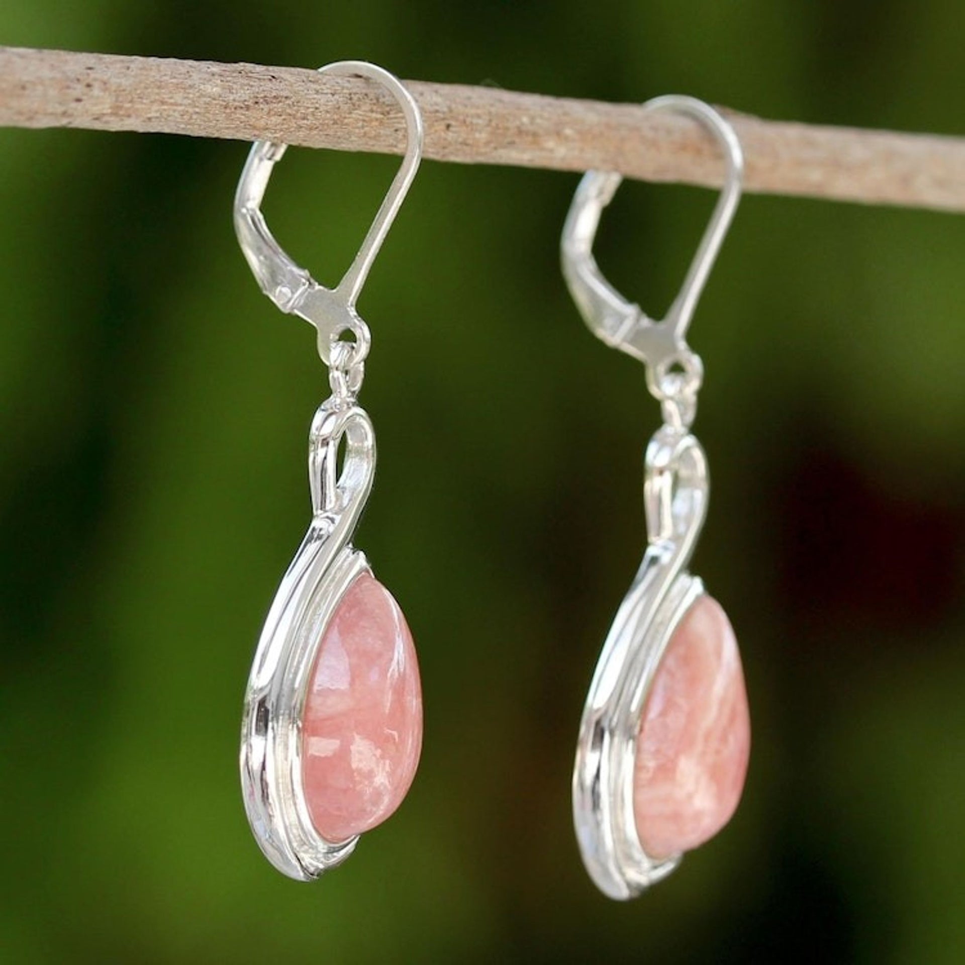 Thai Rhodochrosite and Sterling Silver Drop Dangle Earrings 'Glamorous Rose'