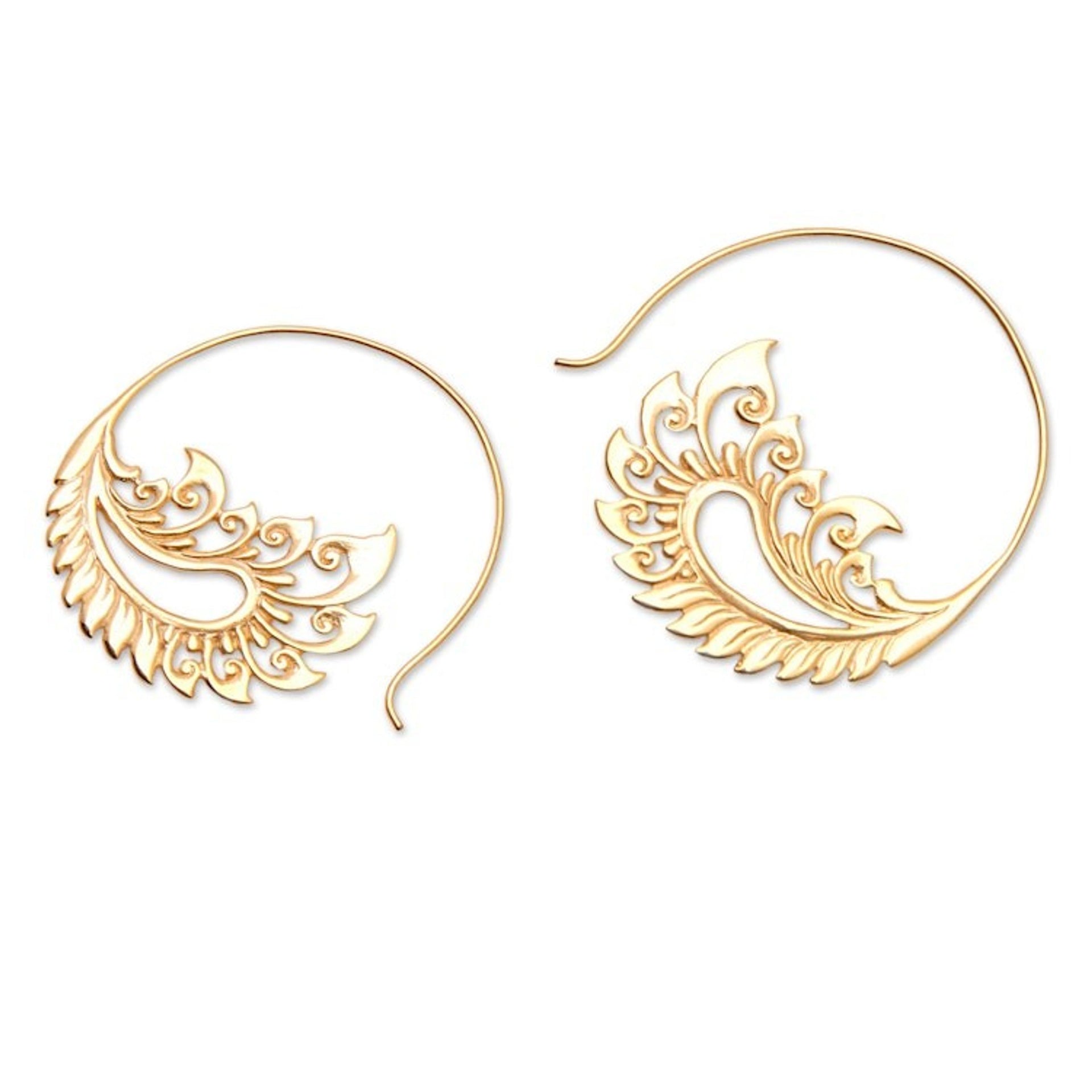 Polished Feather-Themed 18k Gold-Plated Drop Earrings 'Feathers of Love'